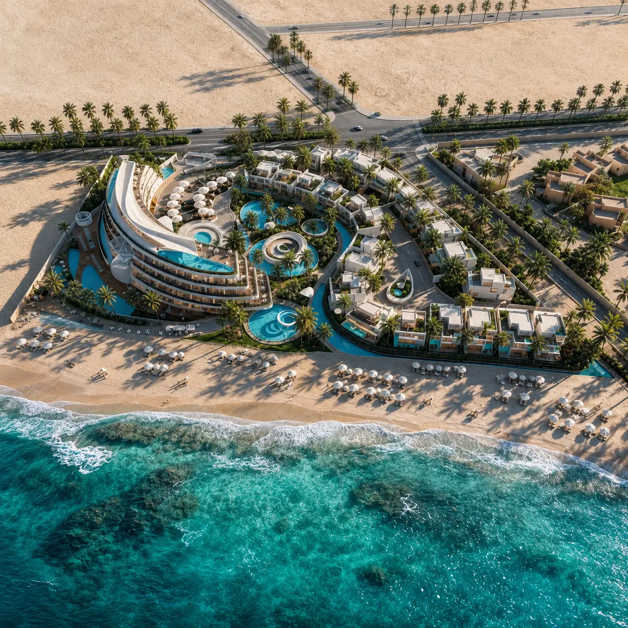 Vivienda Resort — aerial masterplan view with turquoise Red Sea coastline