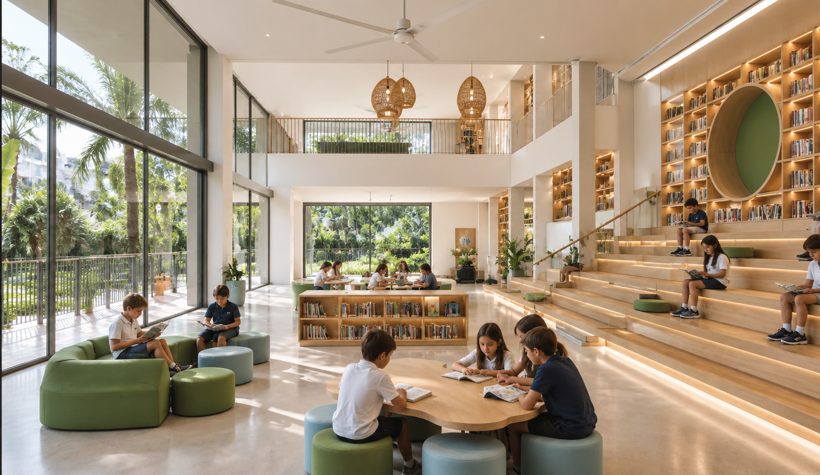 MACC ACADEMY — double-height library and learning commons with timber tiers and tropical views