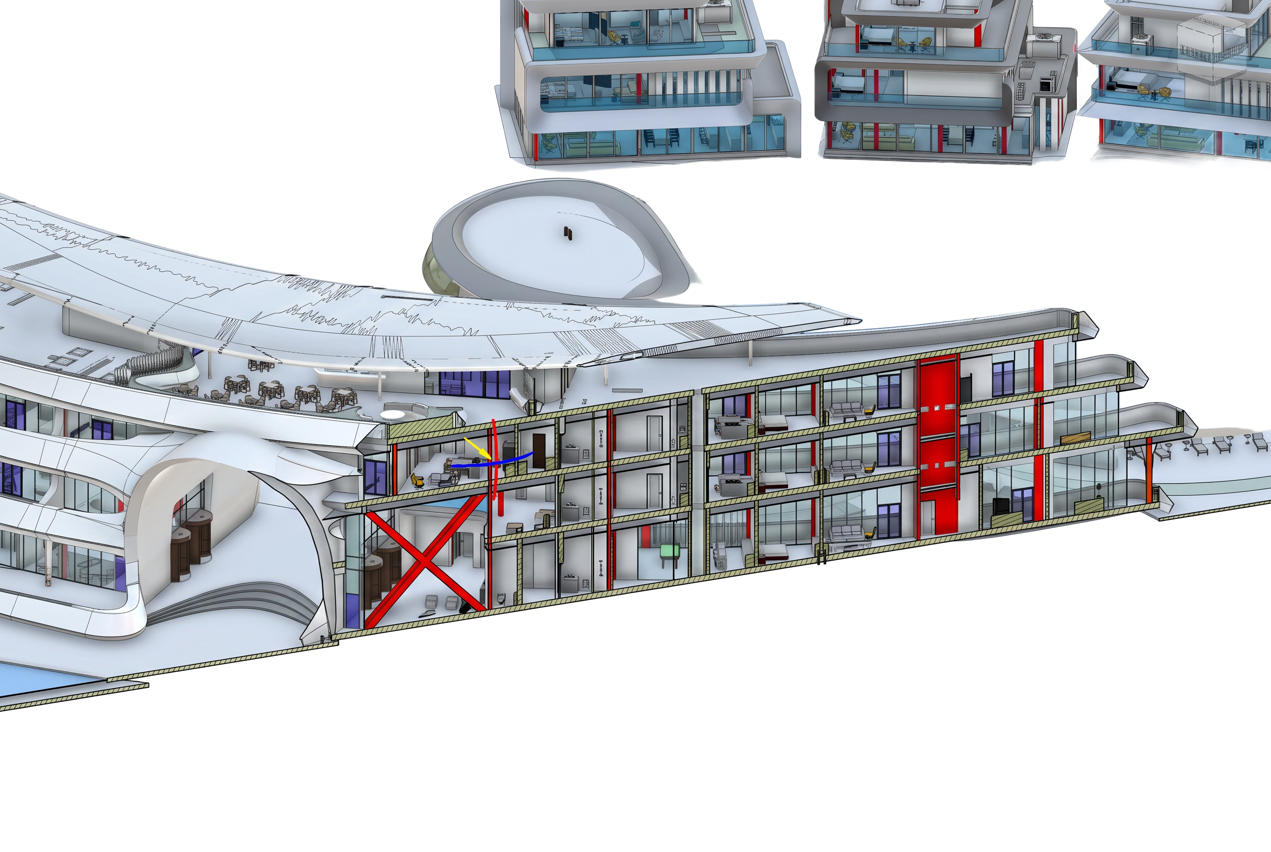 Vivienda Resort — longitudinal architectural section showing layered villas, pools, and hospitality spaces