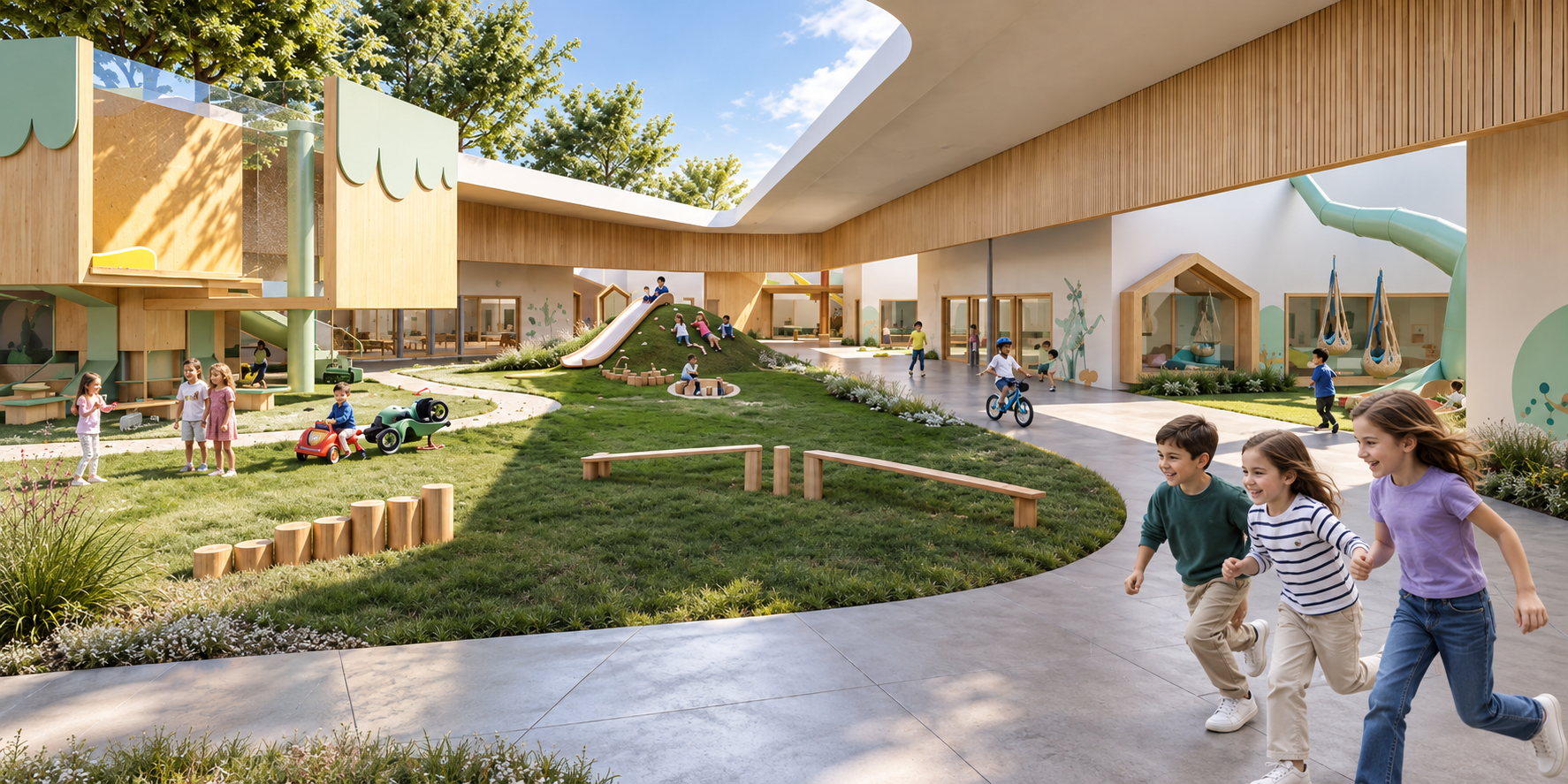 MACC ACADEMY — early learning yard with a covered timber play hill, slides, swings and children exploring the garden