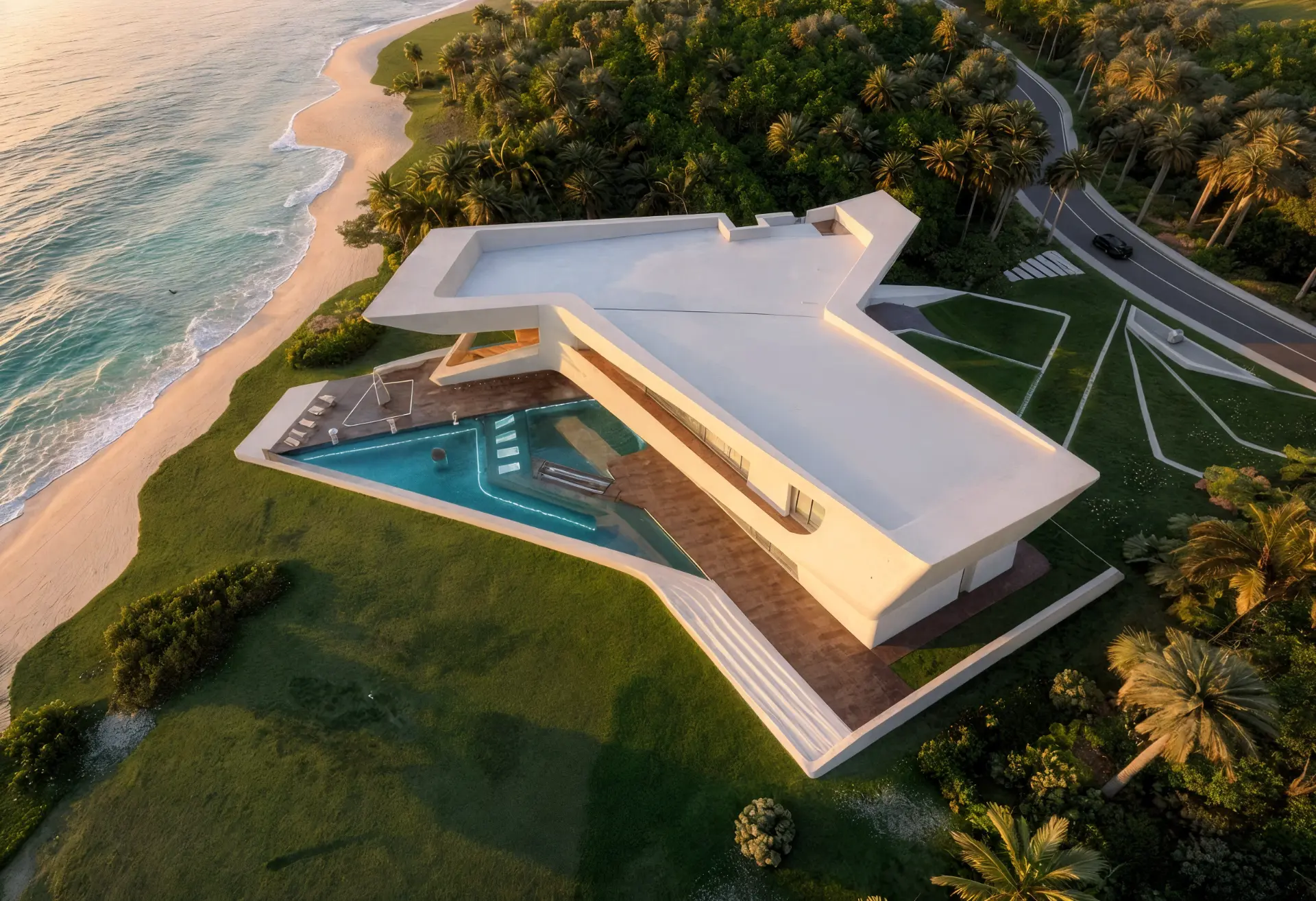 Dawn Villa — aerial view of the coastal site