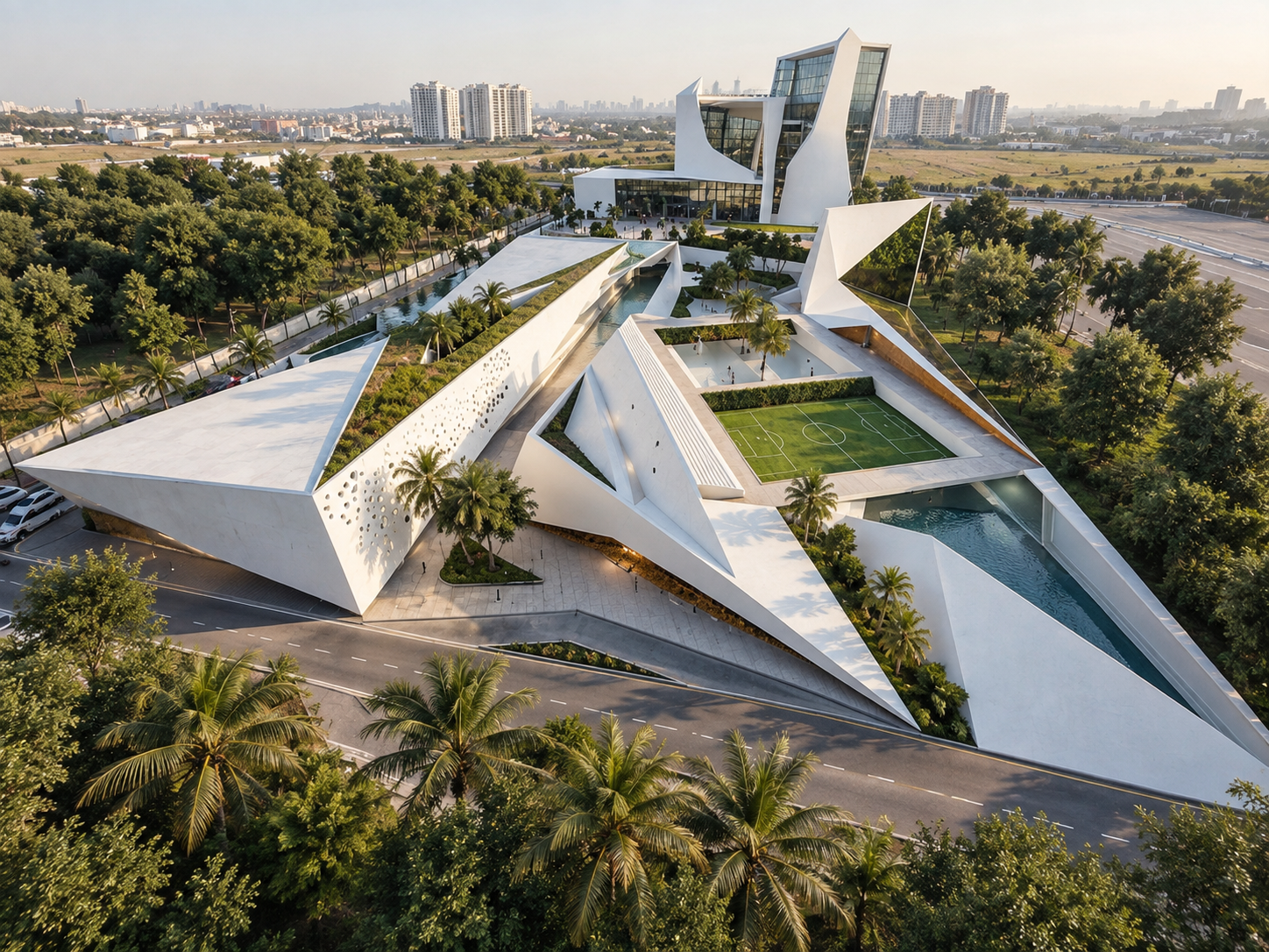 MACC ACADEMY — aerial view of the sculptural white campus with triangular roofs, soccer field, pools and Cancún skyline