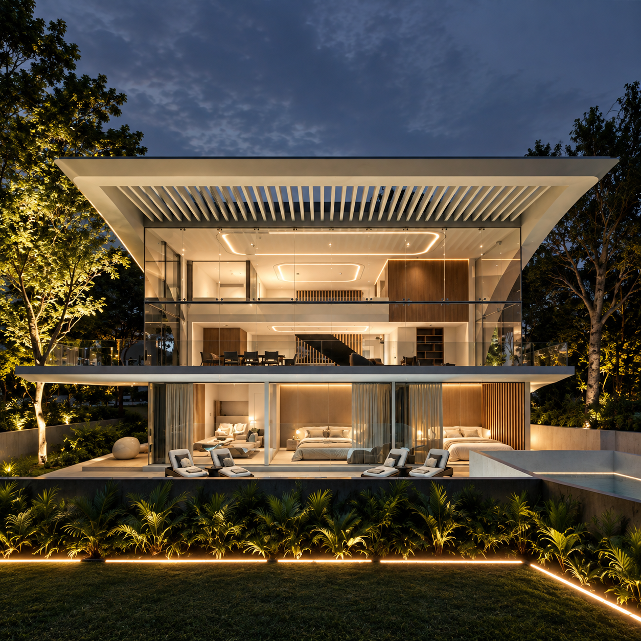 Vaucluse Villa at night, with the glowing double-height glass living level under the louvered roof canopy and illuminated gardens in the foreground