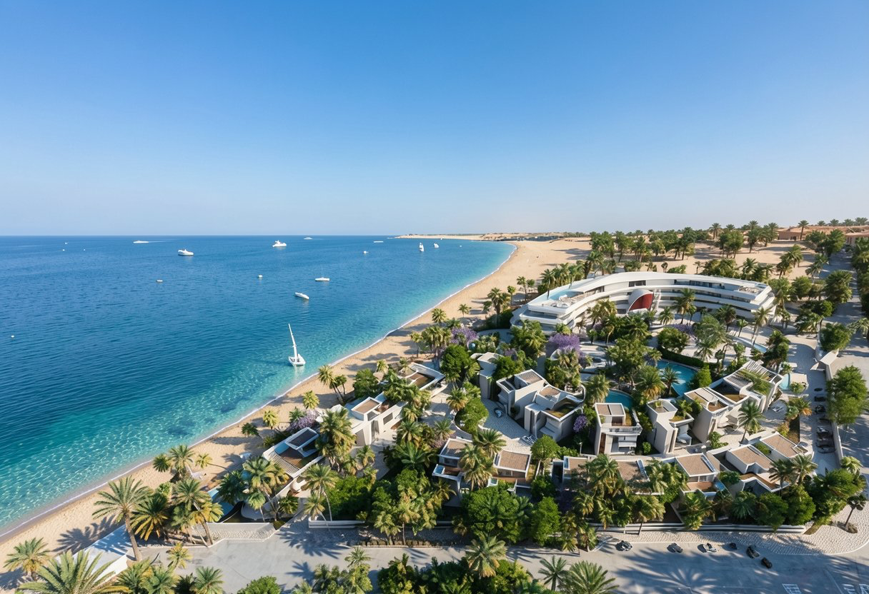 Vivienda Resort — aerial view of the curved beachfront hotel and villa cluster along the Red Sea