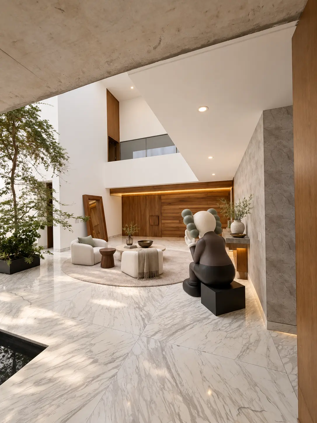 Interior courtyard of Cedros House with sculpture, floating mezzanine and garden views