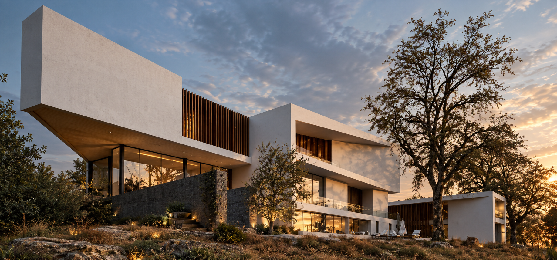 Render of Alexence Villa at sunset in Abuja, with the cantilevered white roof volume, timber louvers, stone base and illuminated glass pavilions among mature trees