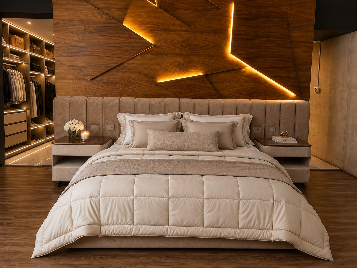 Master bedroom of Cedros House with faceted walnut headboard wall, backlit reveals and open dressing room