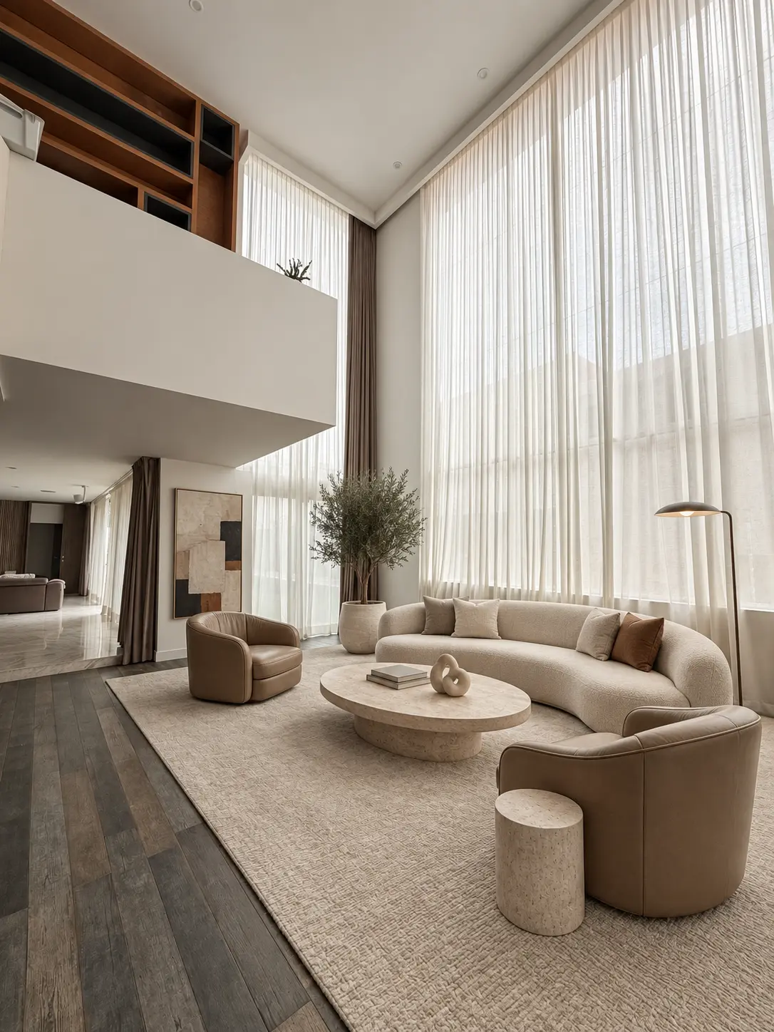 Double height living room of Cedros House with sheer curtains, curved boucle sofa and mezzanine bookshelf