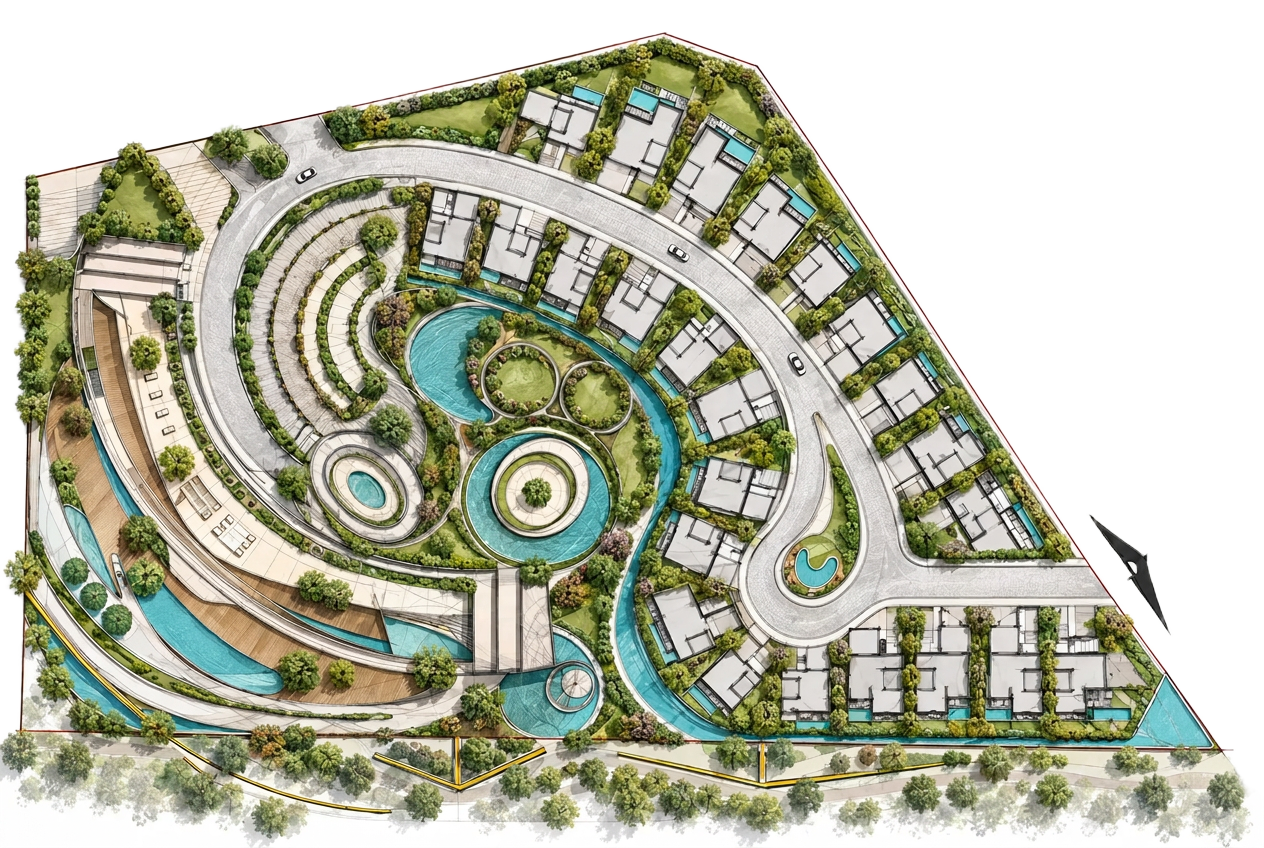 Vivienda Resort — site masterplan showing villas, amenities, lagoon and landscape layout