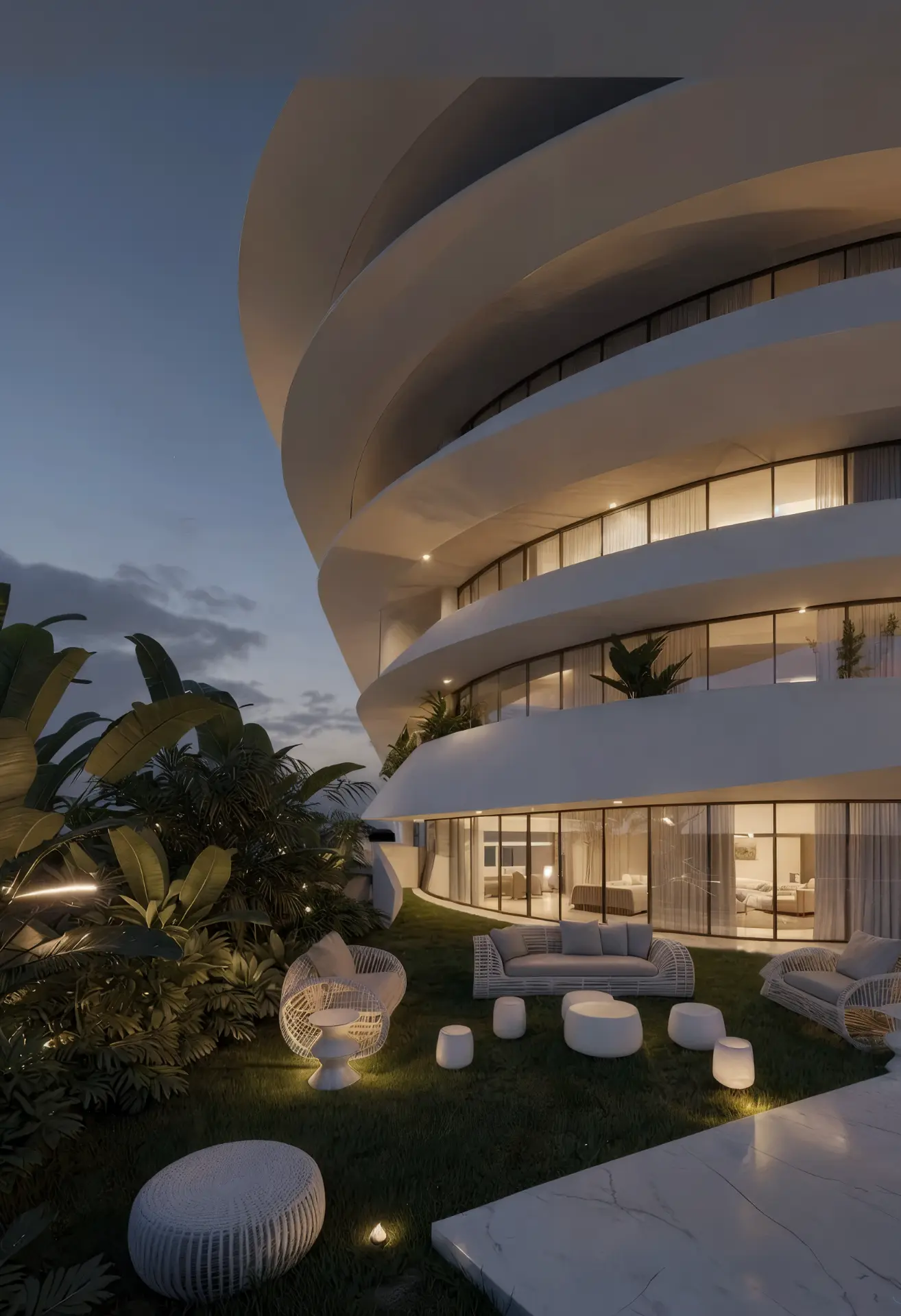 MYSORI INDIA — sculptural curved residential tower at twilight with illuminated terraces and tropical gardens