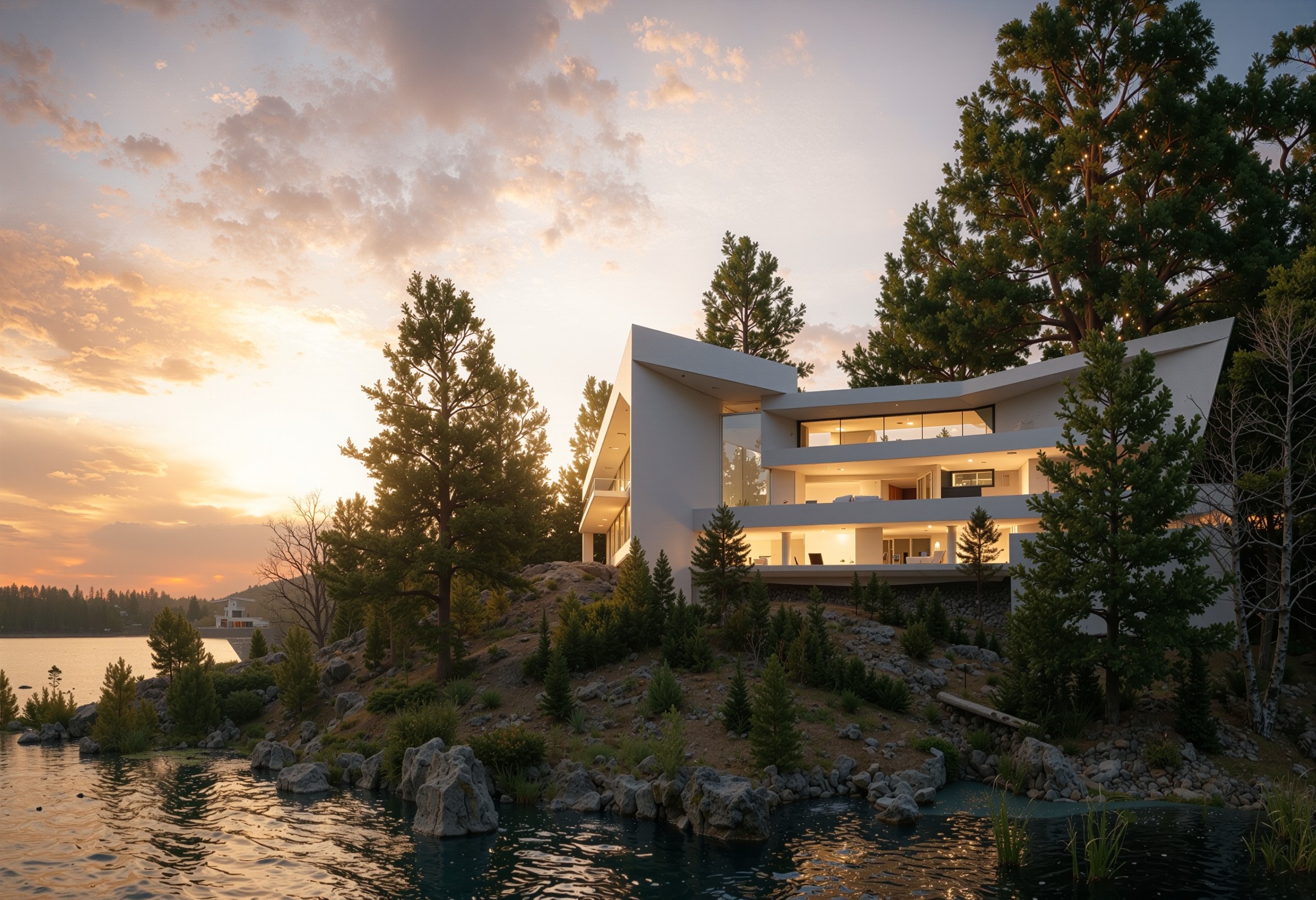 Muskoka Villa rising above the rocky lakefront at sunset