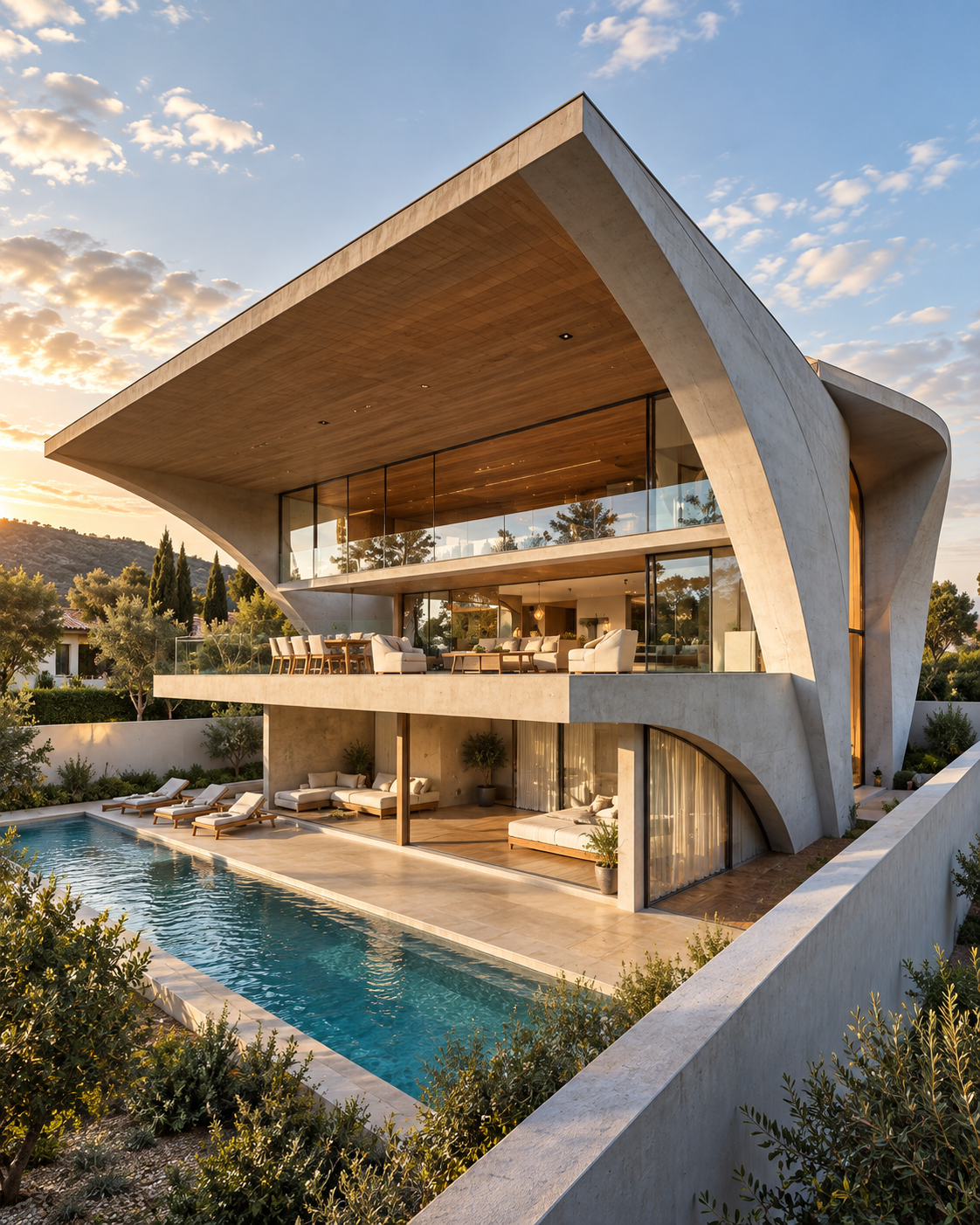 Vaucluse Villa at sunset, with its curved cantilevered roof with timber soffit, glazed living and dining level and the pool with loungers in the foreground