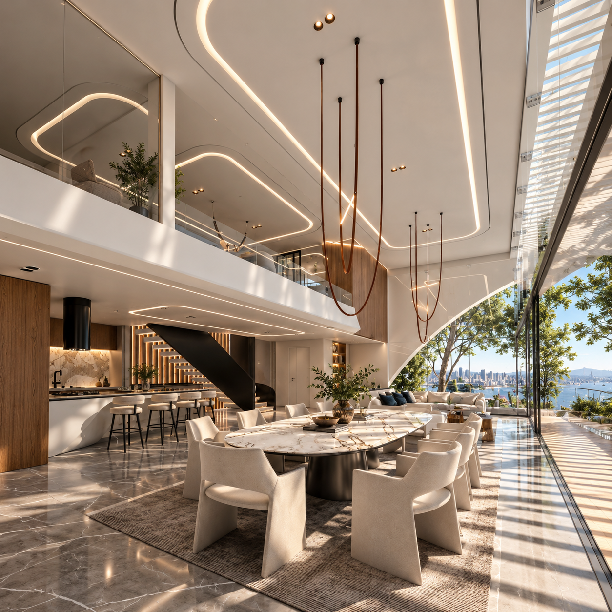 Double-height living and dining level of Vaucluse Villa, with a sculptural oval marble dining table, sculptural pendant lines, curved cove lighting and floor-to-ceiling glazing framing the views over Sydney Harbour