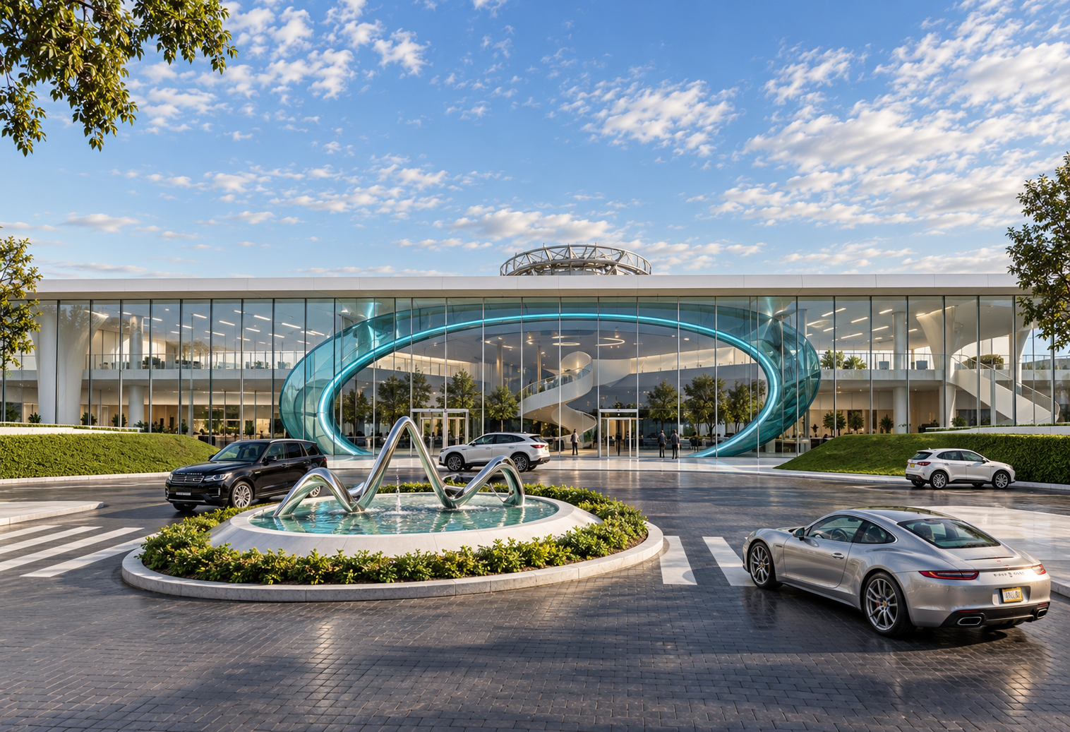 SHELO NABEL — main entrance plaza with sculptural fountain and reflective corporate façade