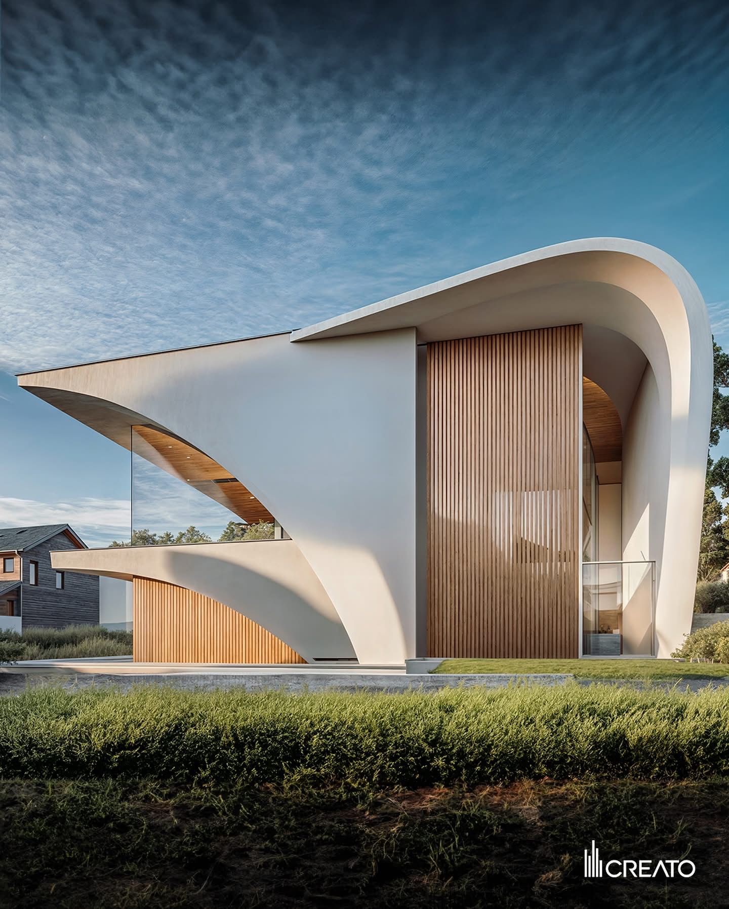 Street facade of Vaucluse Villa with curved white planes and full height timber battens