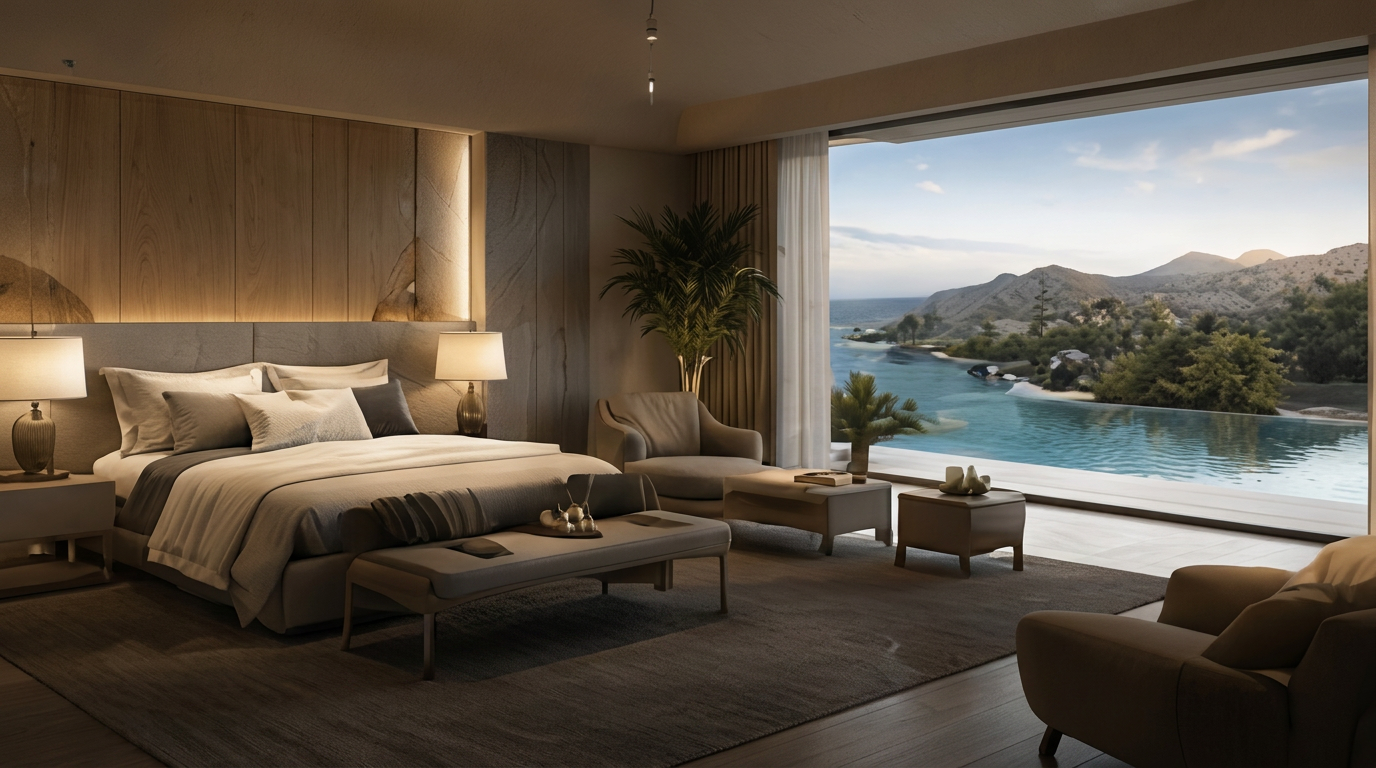 Carnelia residence bedroom suite opening onto the coastline