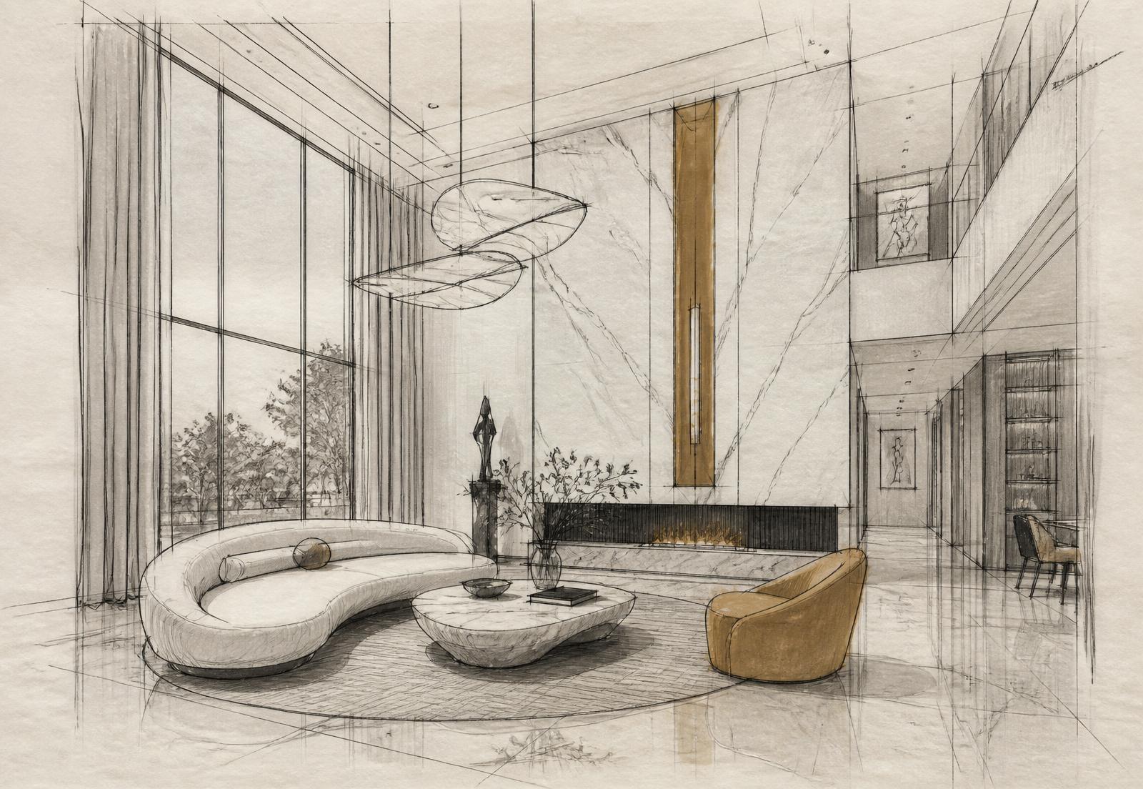Freehand interior design sketch