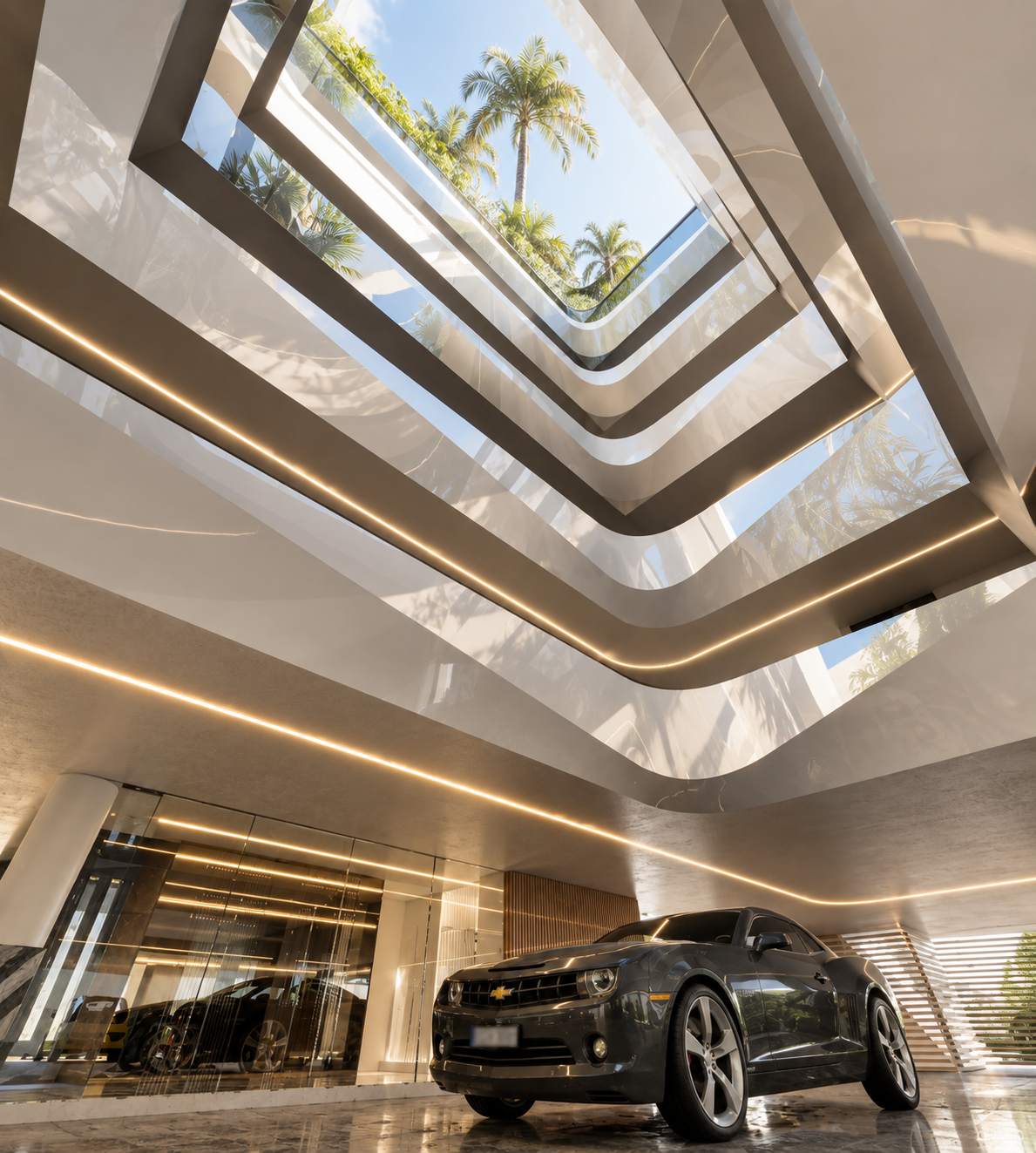 MYSORI INDIA — sculptural parking courtyard with skylight gardens and reflective floors