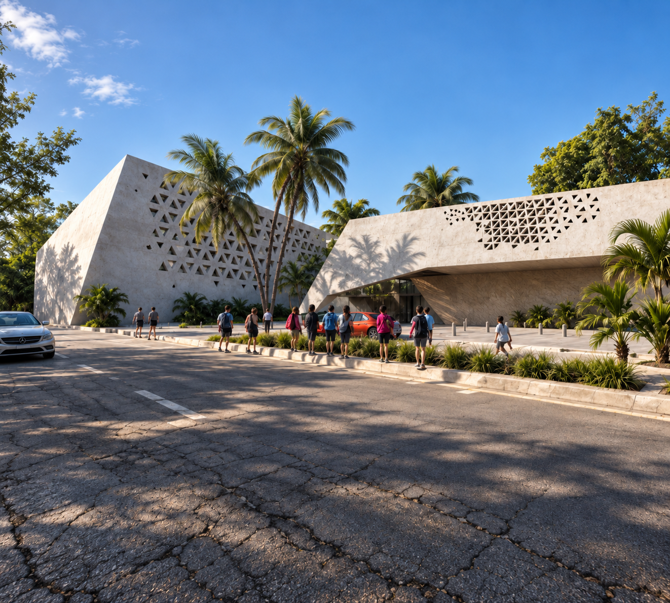 MACC ACADEMY — sculptural white facade with geometric brise-soleil, students arriving beneath palm trees