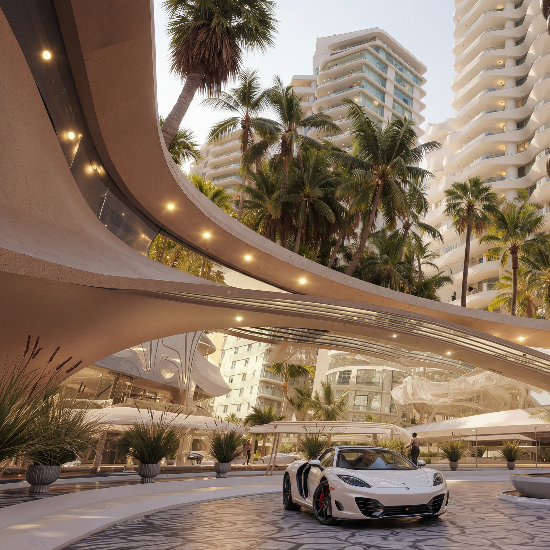 Plaza and vehicular arrival beneath the tower