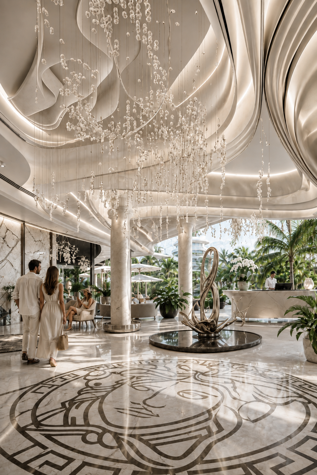 Atmosphere Home Spa — grand lobby interior with marble floors, sculptural ceiling and tropical views