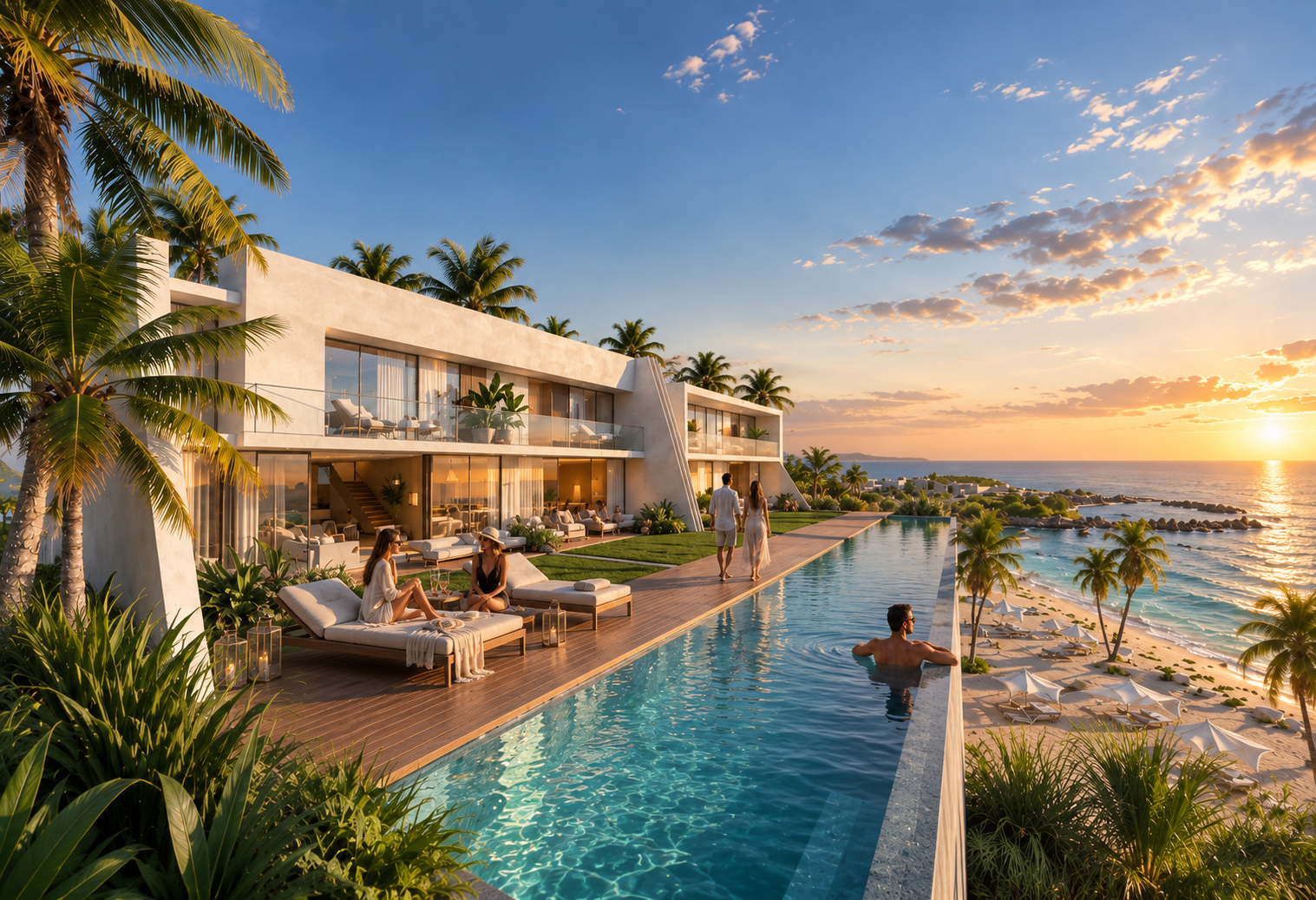 Carnelia — beachfront villa with infinity pool and deck at sunset over the Red Sea