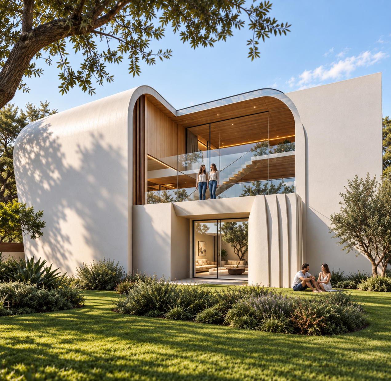 Curved volumes and double height glazing of Vaucluse Villa opening onto the lawn