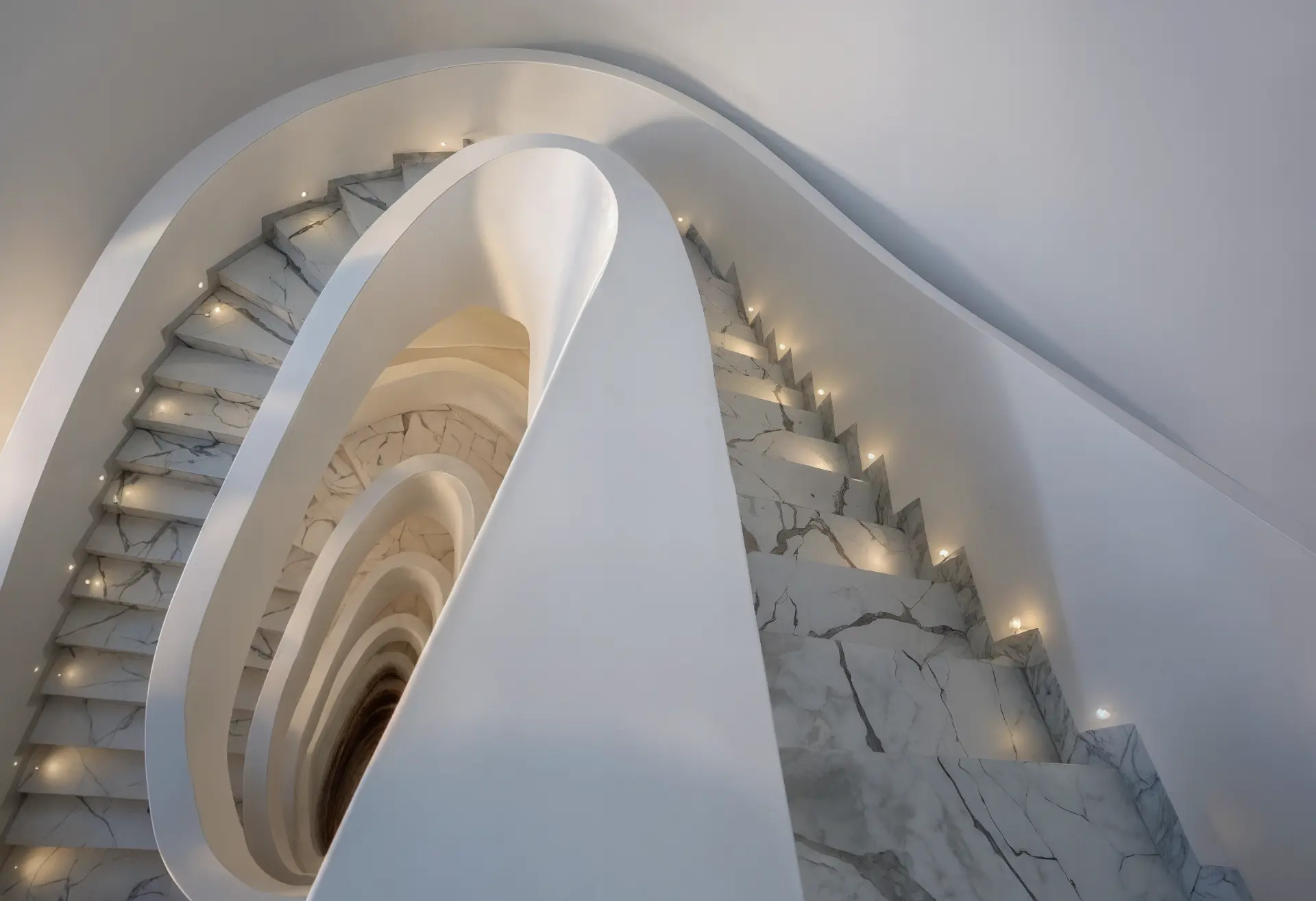 Verona Tower — sculptural marble spiral staircase with integrated lighting