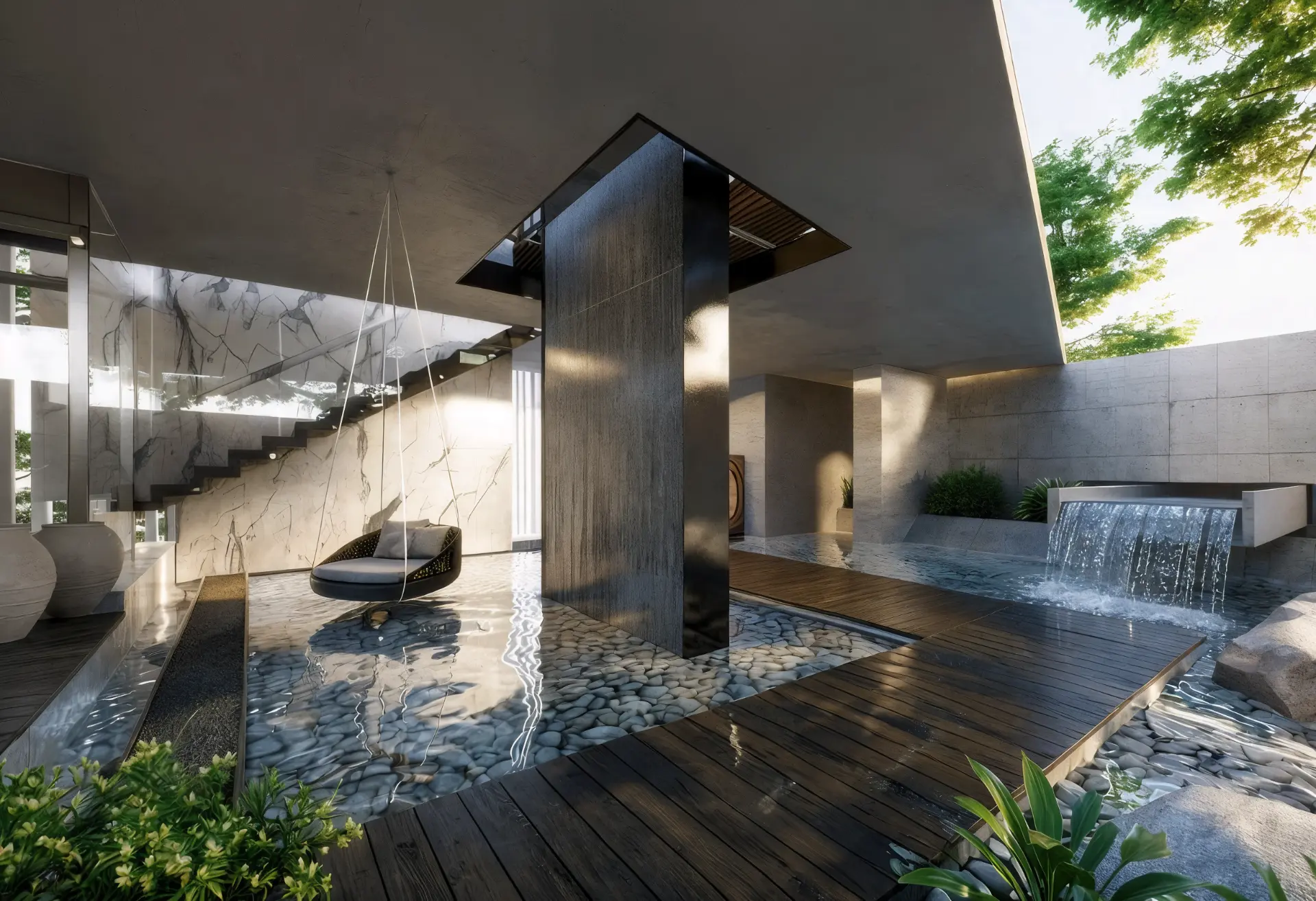 Laureles Villa — water courtyard with a suspended chair, waterfall, and marble staircase