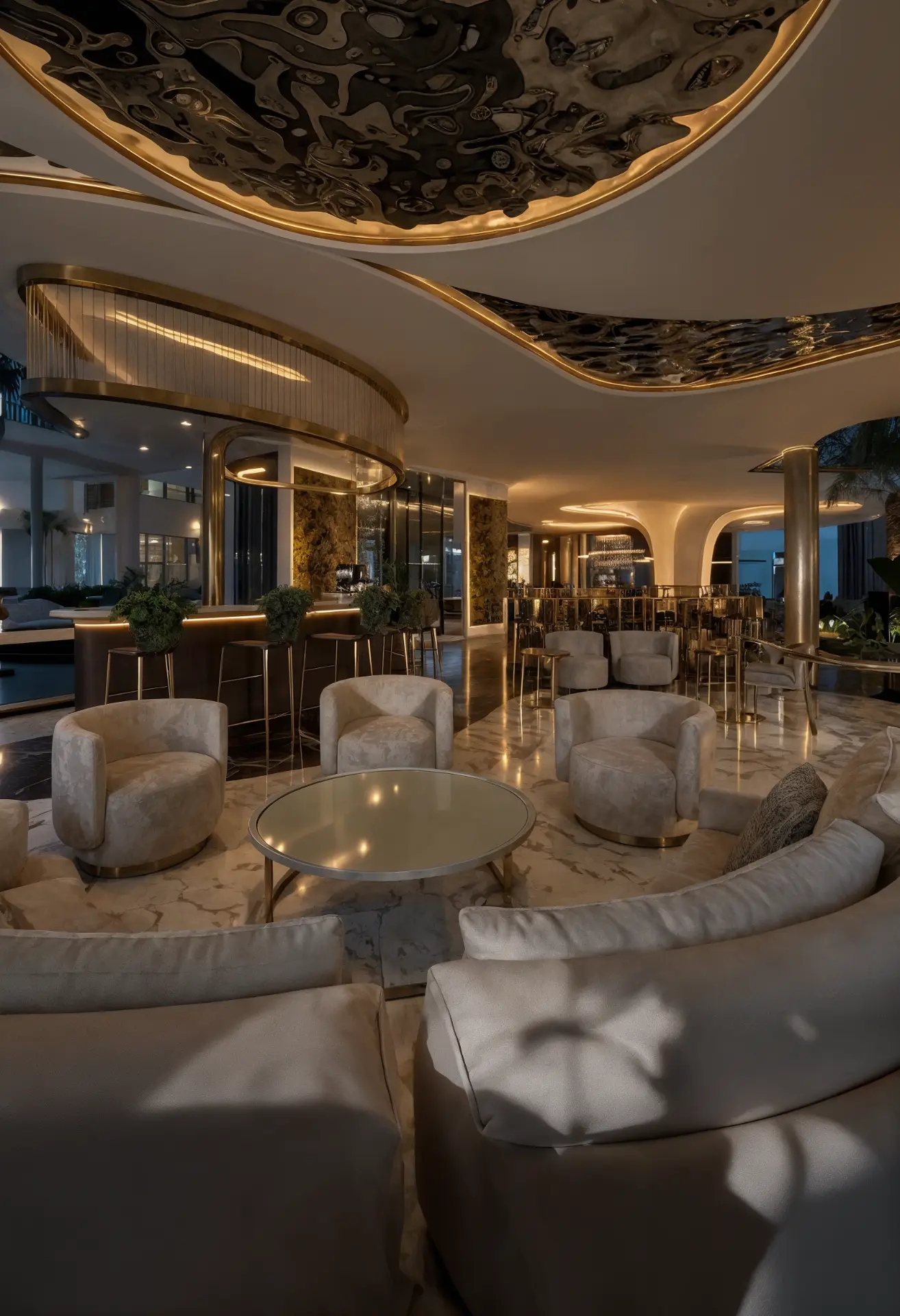 Atmosphere Home Spa — intimate wine lounge with sculptural ceiling, velvet seating and warm brass accents