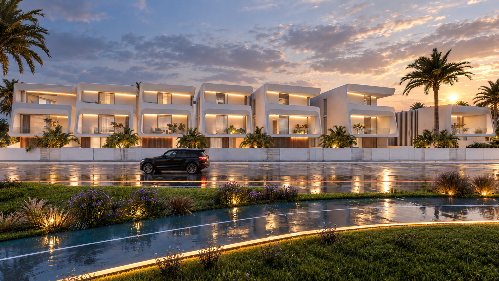 MYSORI INDIA — townhouse row at sunset with reflecting pools, palm trees and a dramatic sky