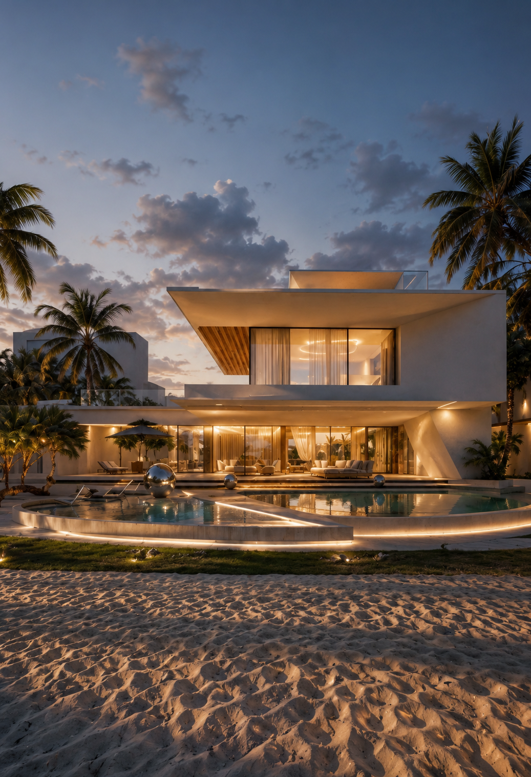 Vivienda Resort villa — beachfront elevation at dusk with illuminated pool terrace