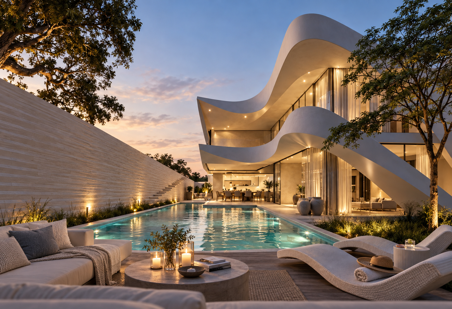 ICON VILLA pool terrace at dusk with sculptural white roof, lounge seating and warm lighting