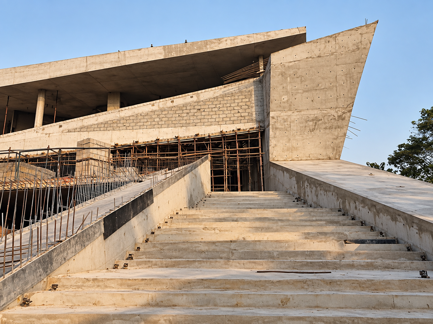 Grand entrance stair of Alexence Villa under construction, with the monumental cantilevered concrete volumes rising above the steps