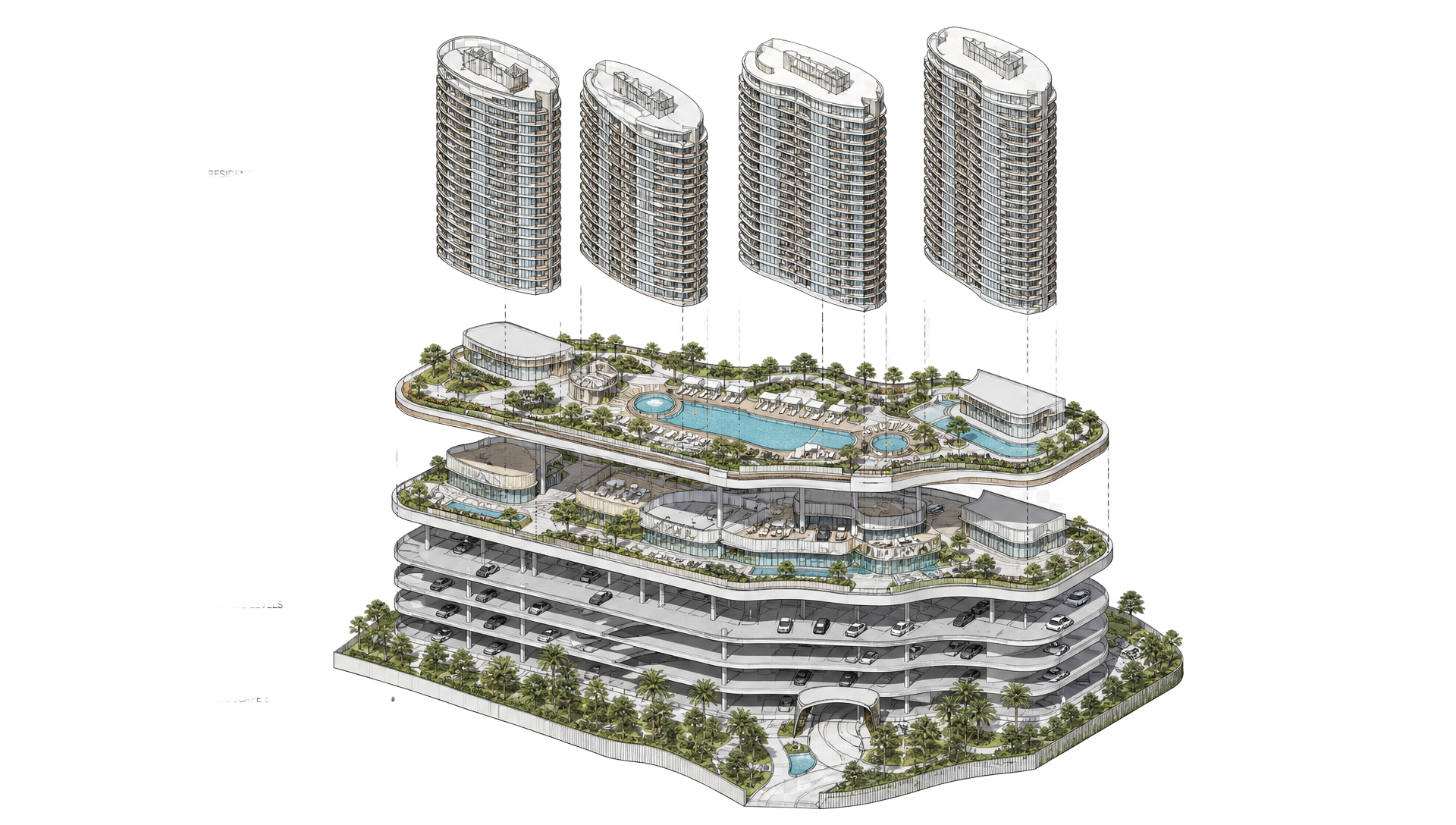 Atmosphere Home Spa — exploded volumetric study of towers, podium, parking and landscape