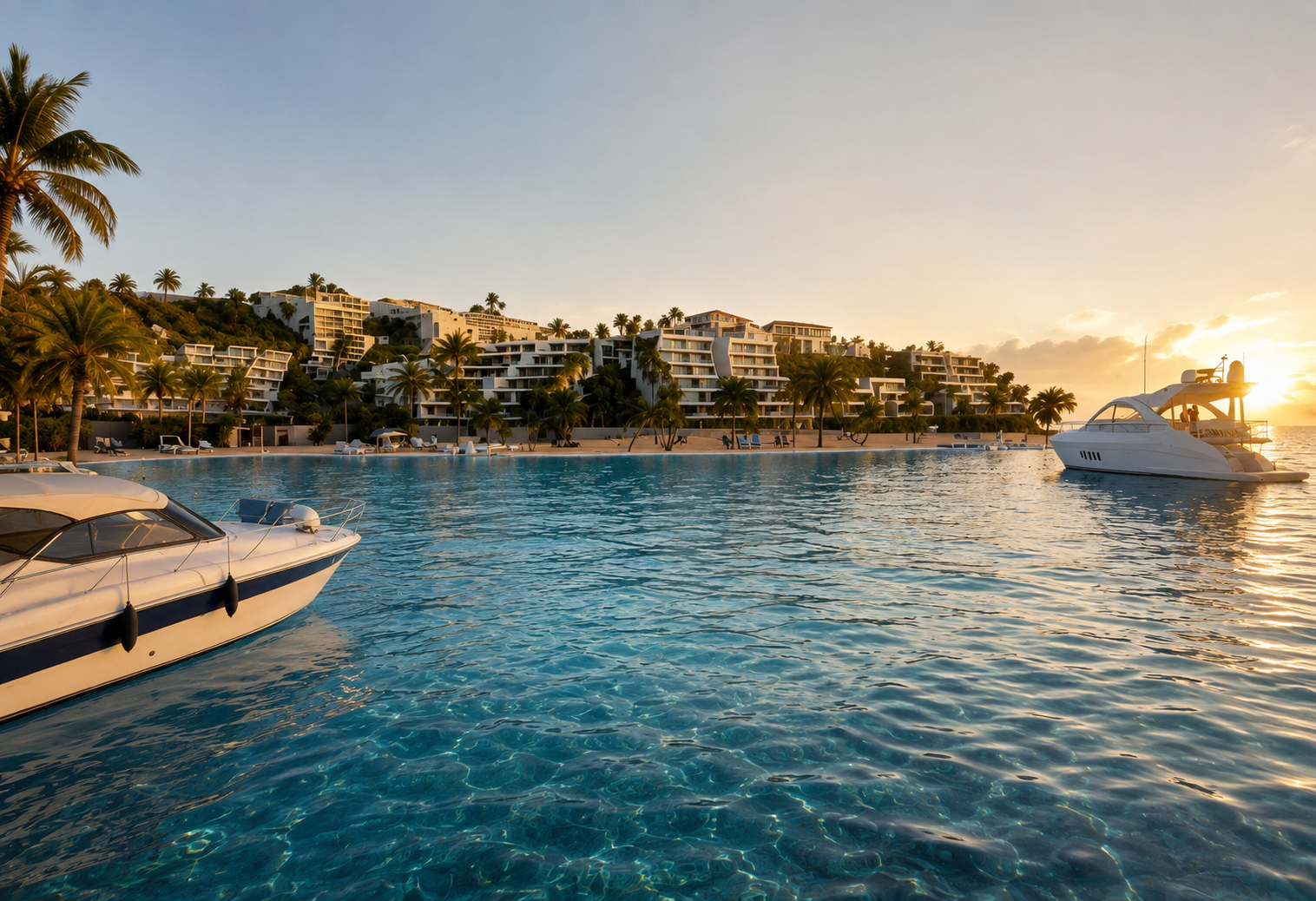 Carnelia — marina at sunset with yachts and the beachfront residences