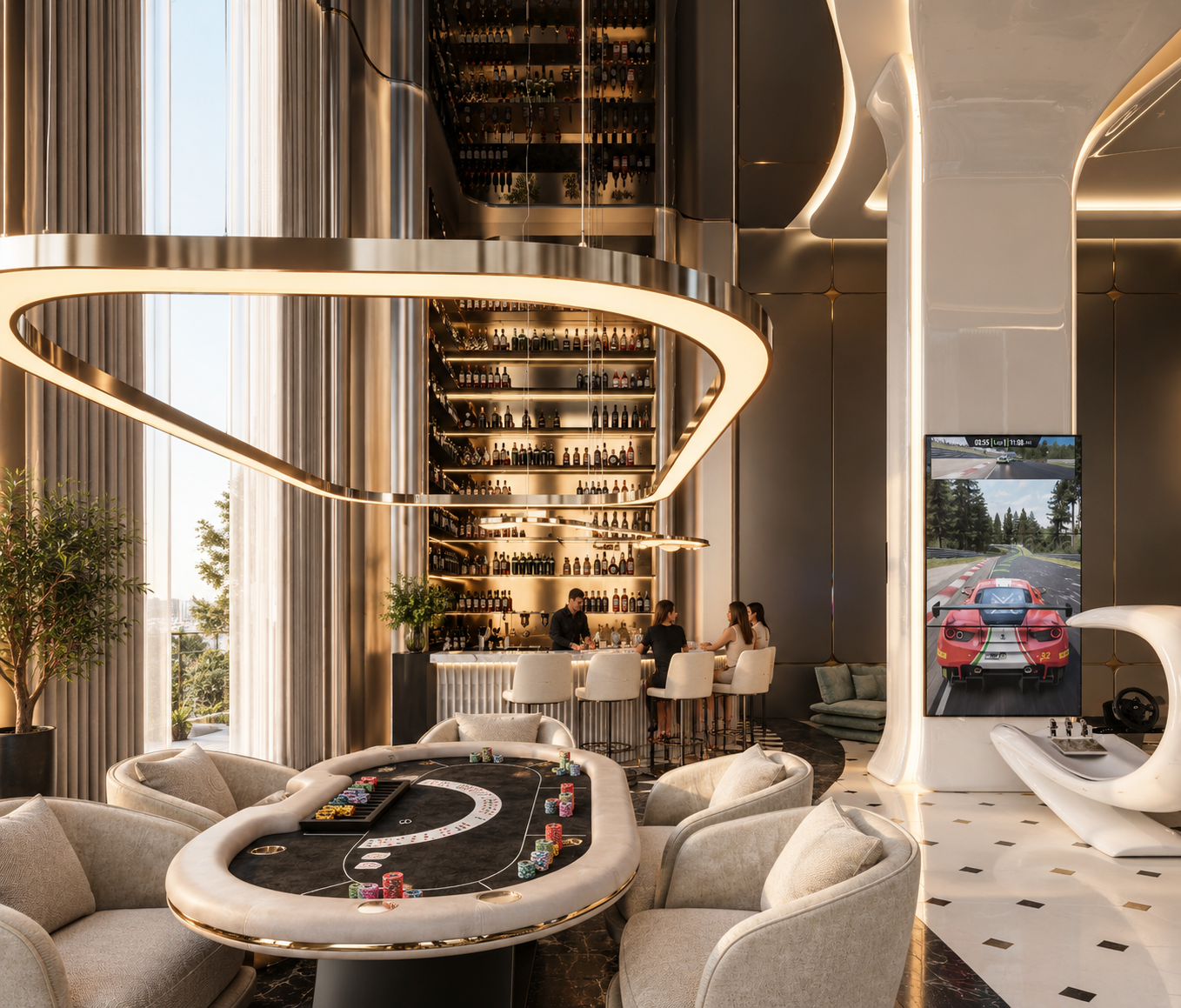 Atmosphere Home Spa — social lounge with an oval poker table under a gold halo light, marble floor with diamond insets and a bar with guests