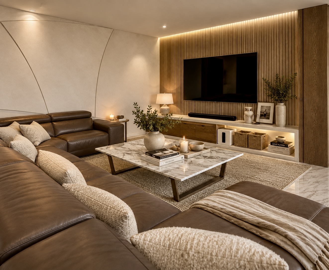 Family room of Cedros House with leather sectional, marble table and backlit timber media wall