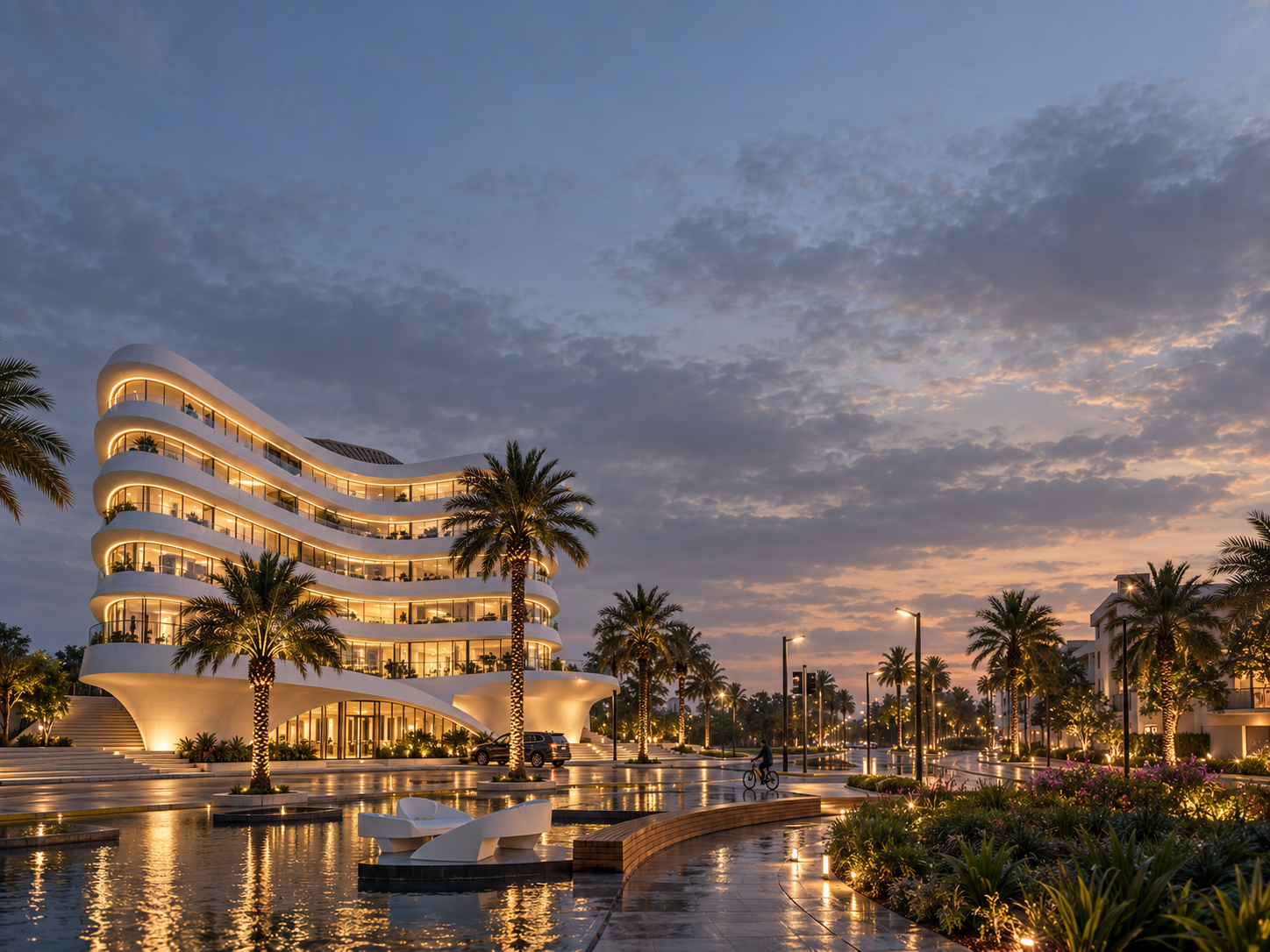 MYSORI INDIA — dramatic twisting facade at twilight with illuminated terraces, reflecting pools and palm-lined promenade