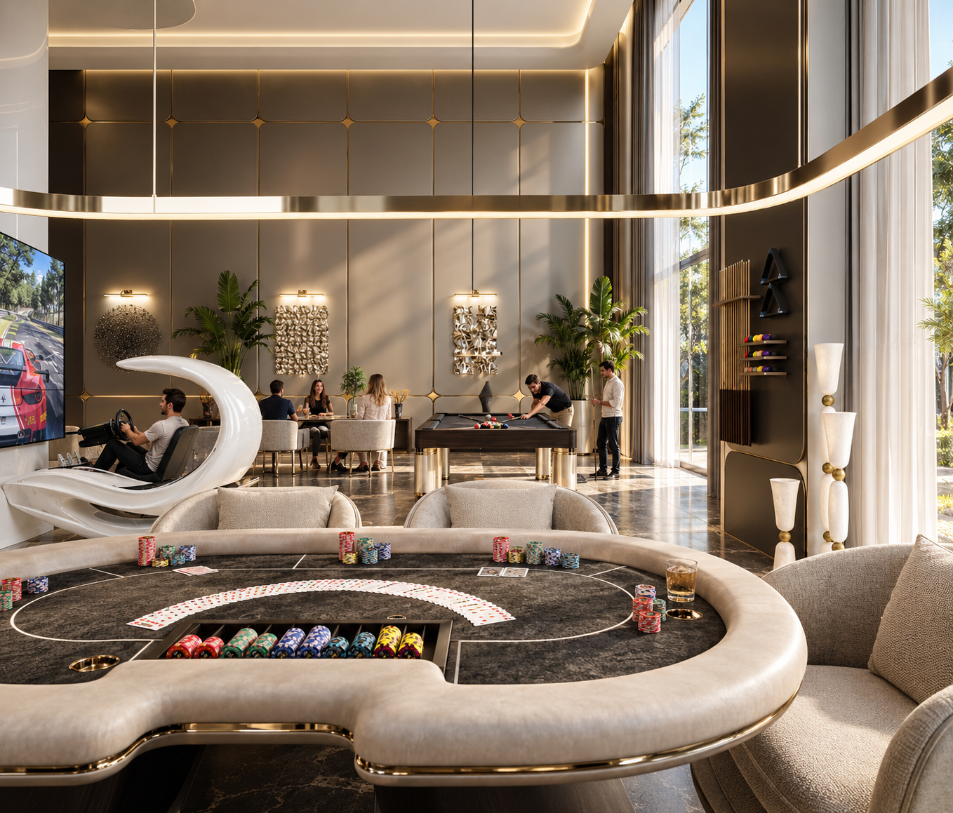 Atmosphere Home Spa — double-height social area with poker table, billiards, racing simulator and garden views