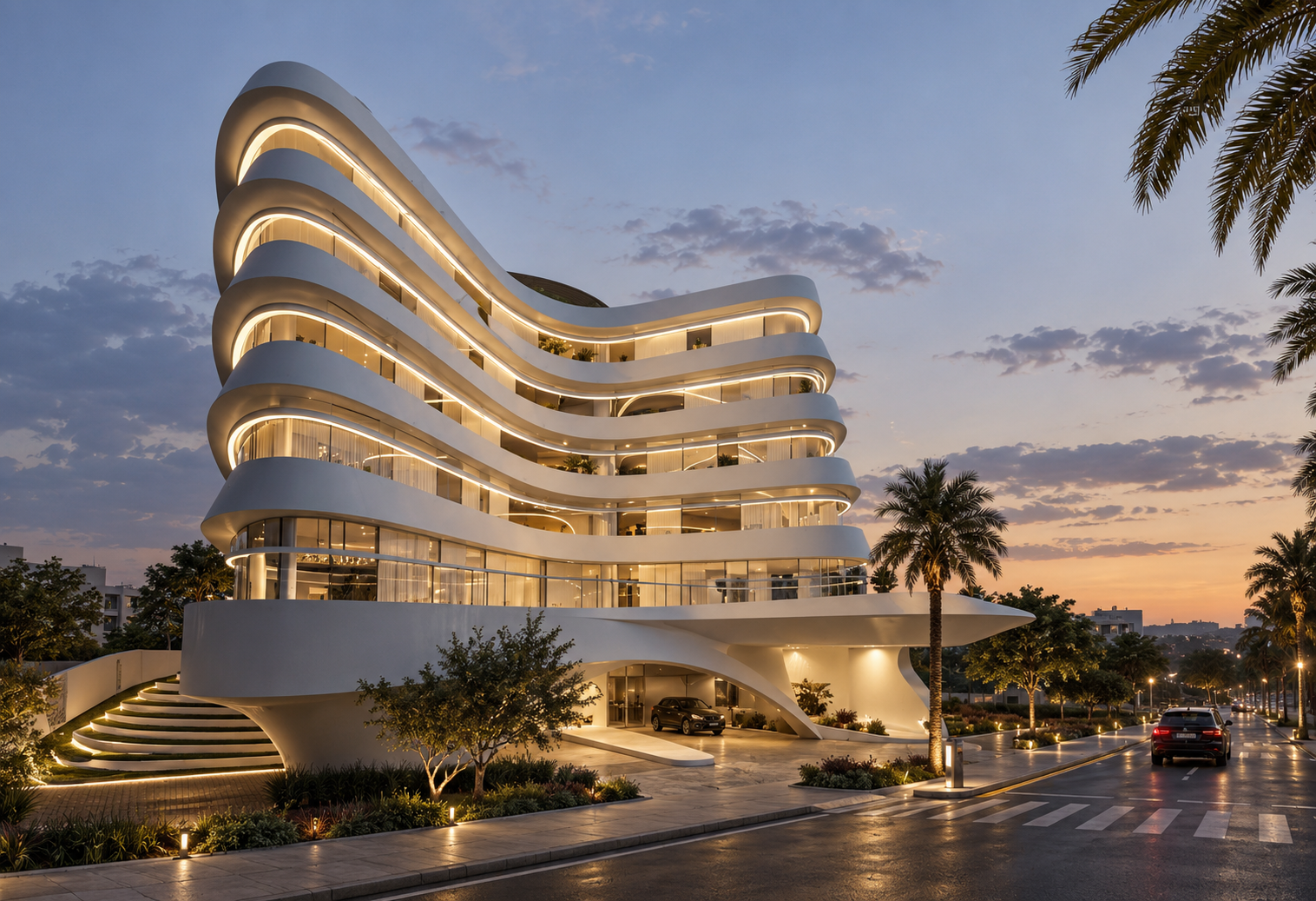 MYSORI INDIA — sculptural twisting facade at dusk with ribbon balconies, palm trees and integrated lighting