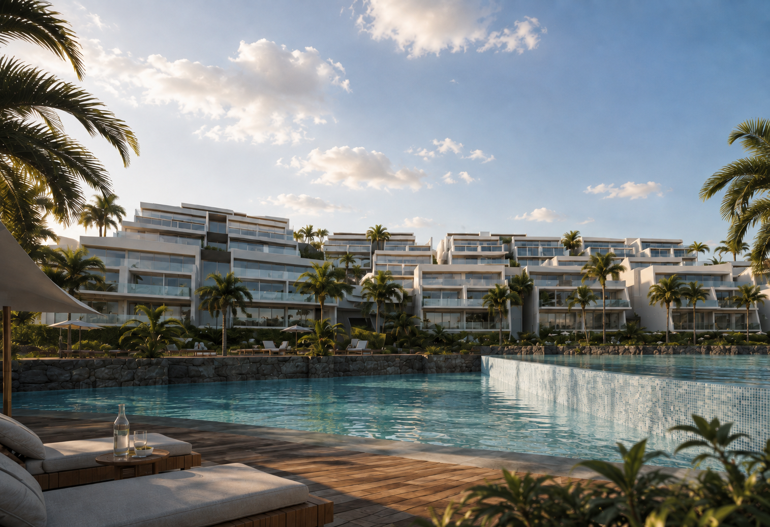 Carnelia — resort pool deck with private loungers and palm terraces facing the residences