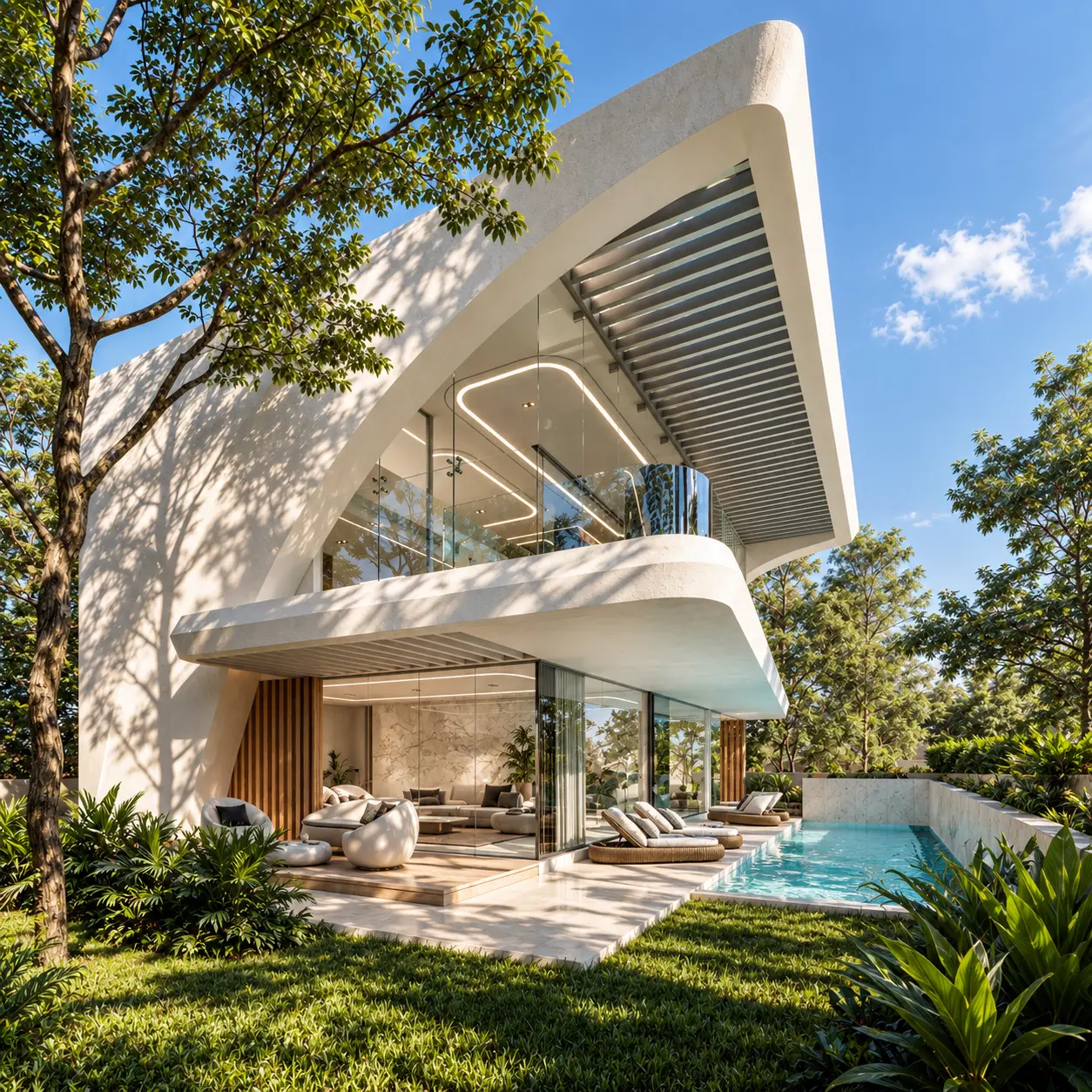 Vaucluse Villa on a sunny day, with the curved white roof planes, double-height glazed living level, timber screens and the pool terrace surrounded by lush gardens