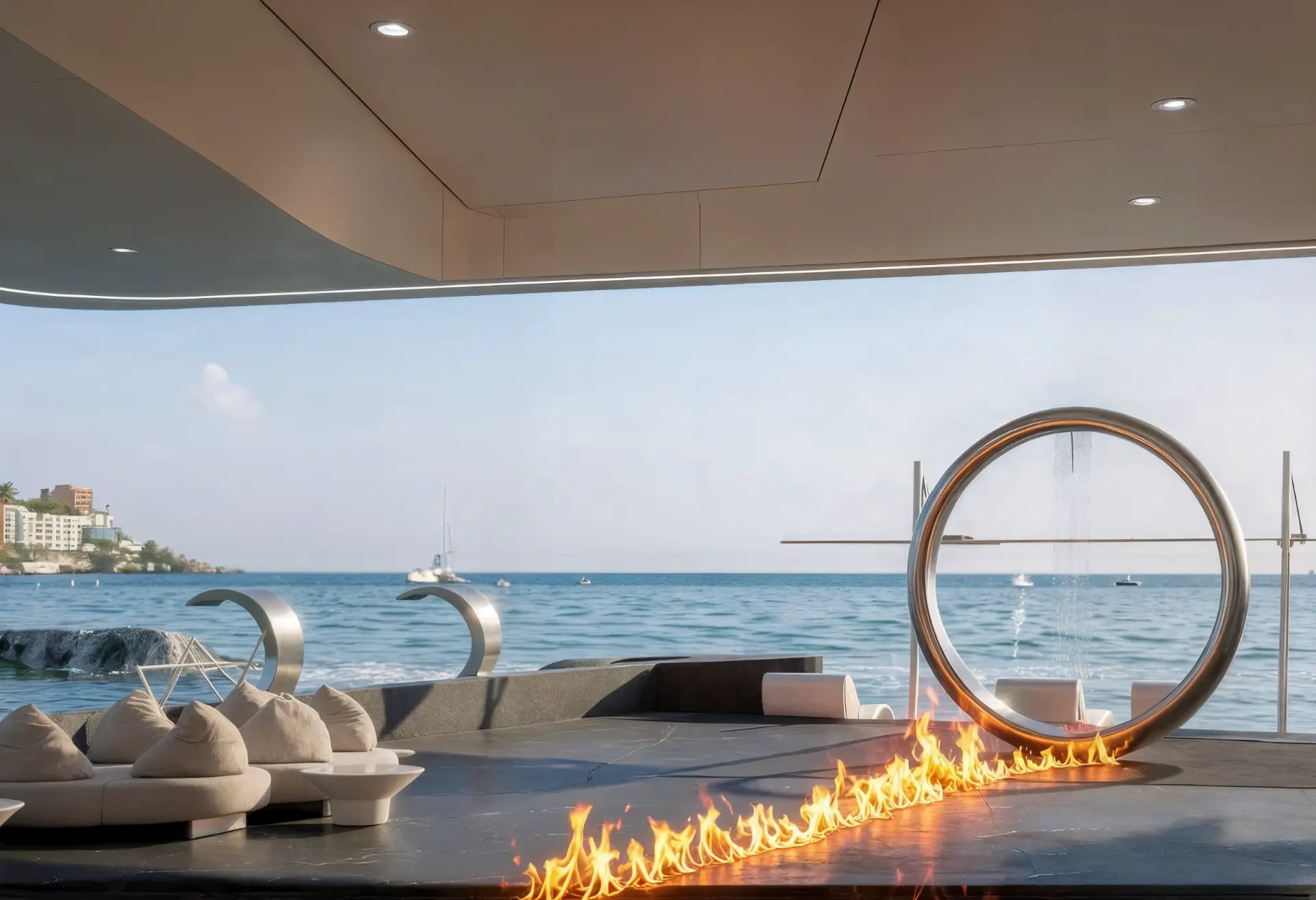 Dawn Villa — oceanfront fire pit terrace with sculptural seating