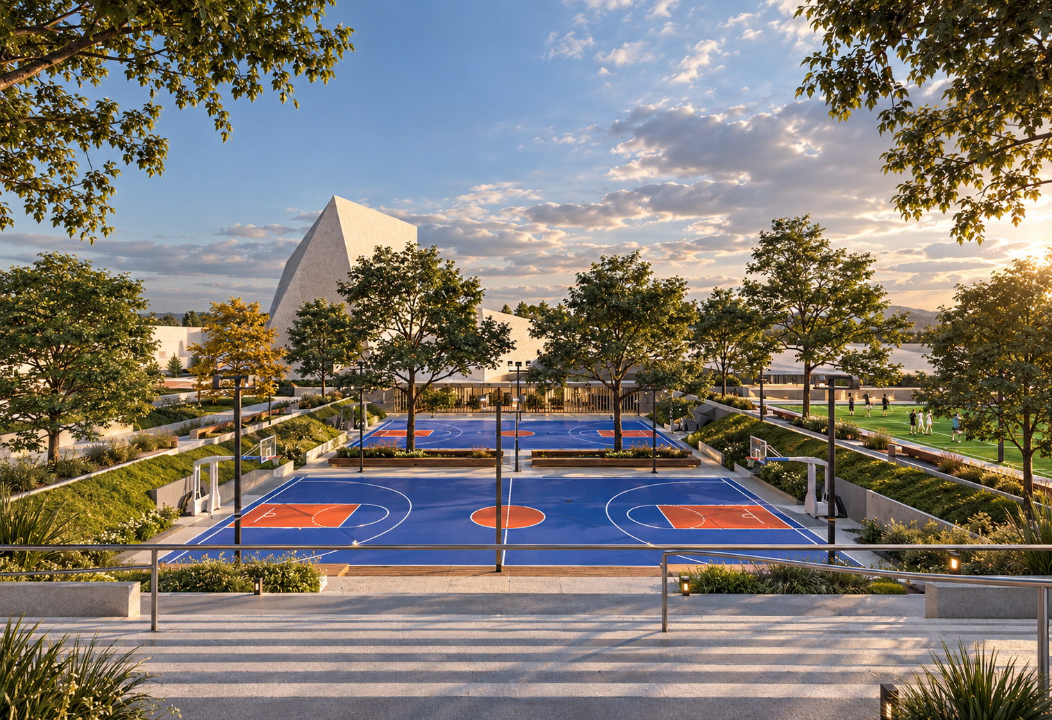 MACC ACADEMY — outdoor basketball and sports courts surrounded by trees, with the sculptural campus auditorium beyond