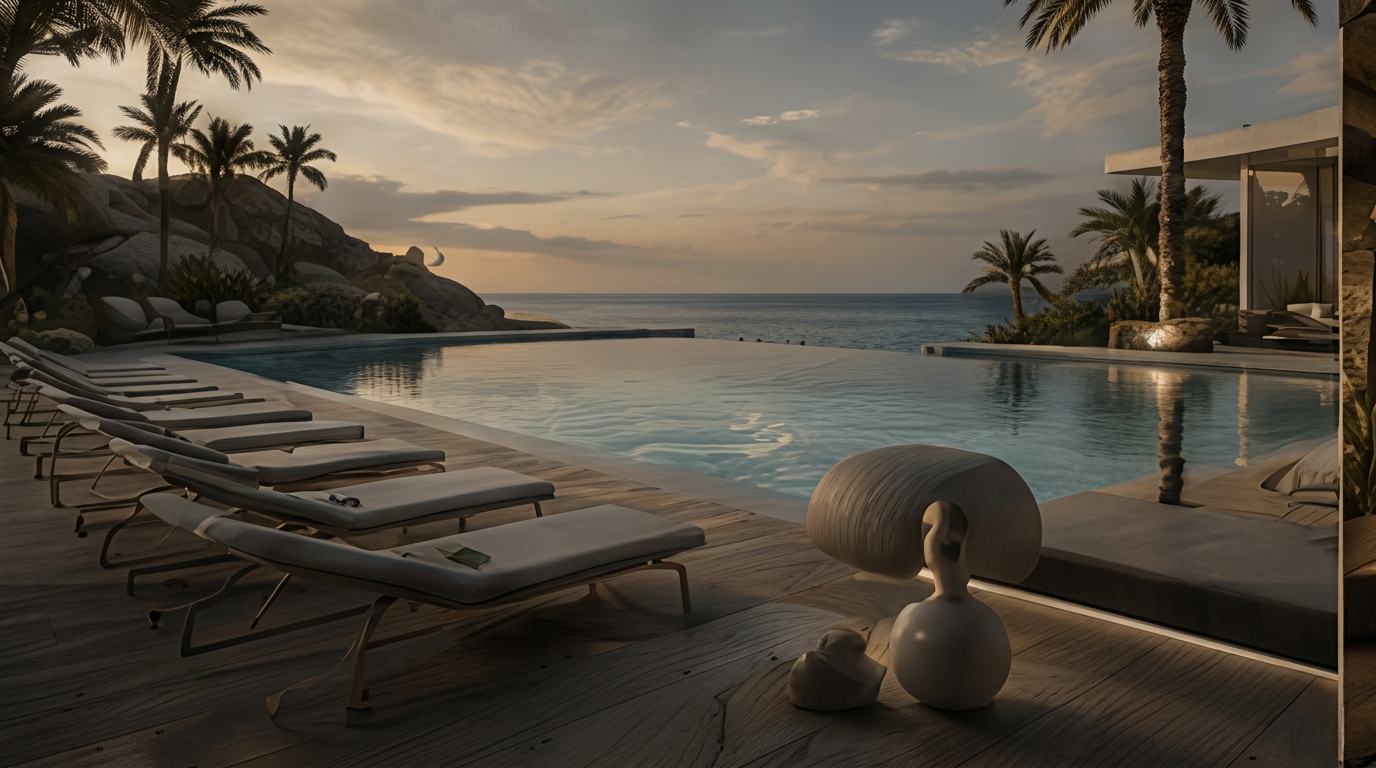 Carnelia infinity pool meeting the sea between rock outcrops