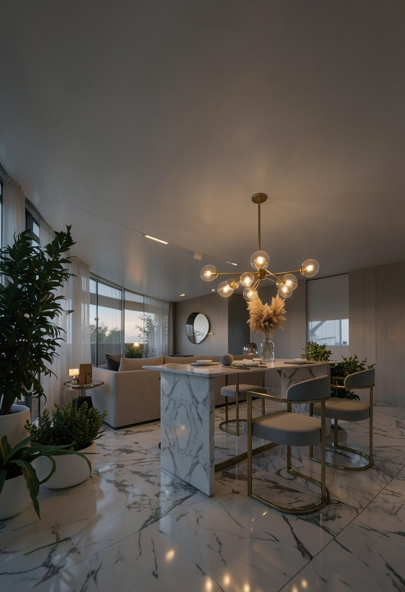 MYSORI INDIA — luxury residence interior with marble dining island, brass chandelier and tropical planting