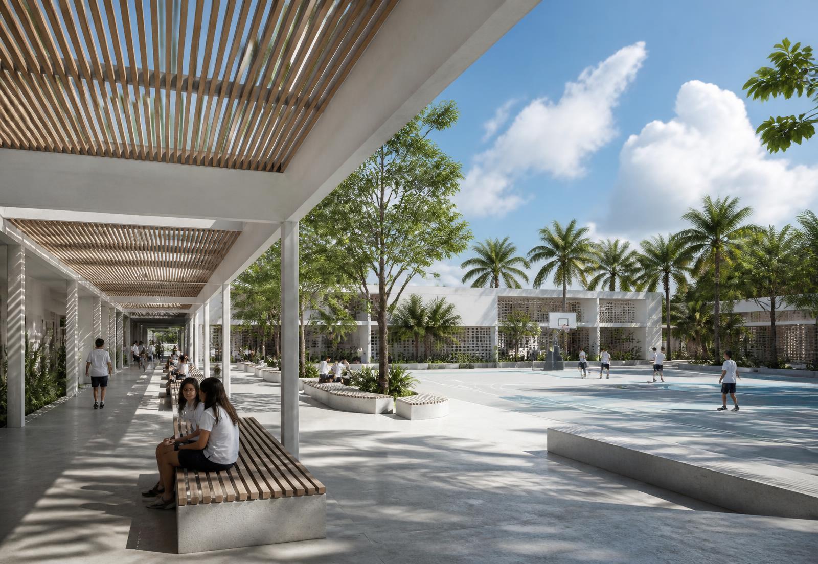 MACC ACADEMY — covered walkway and multi-use sports court framed by white concrete and timber slats