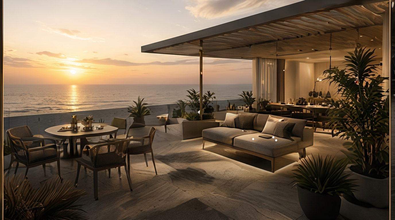 Carnelia terrace lounge open to the Red Sea at sunset