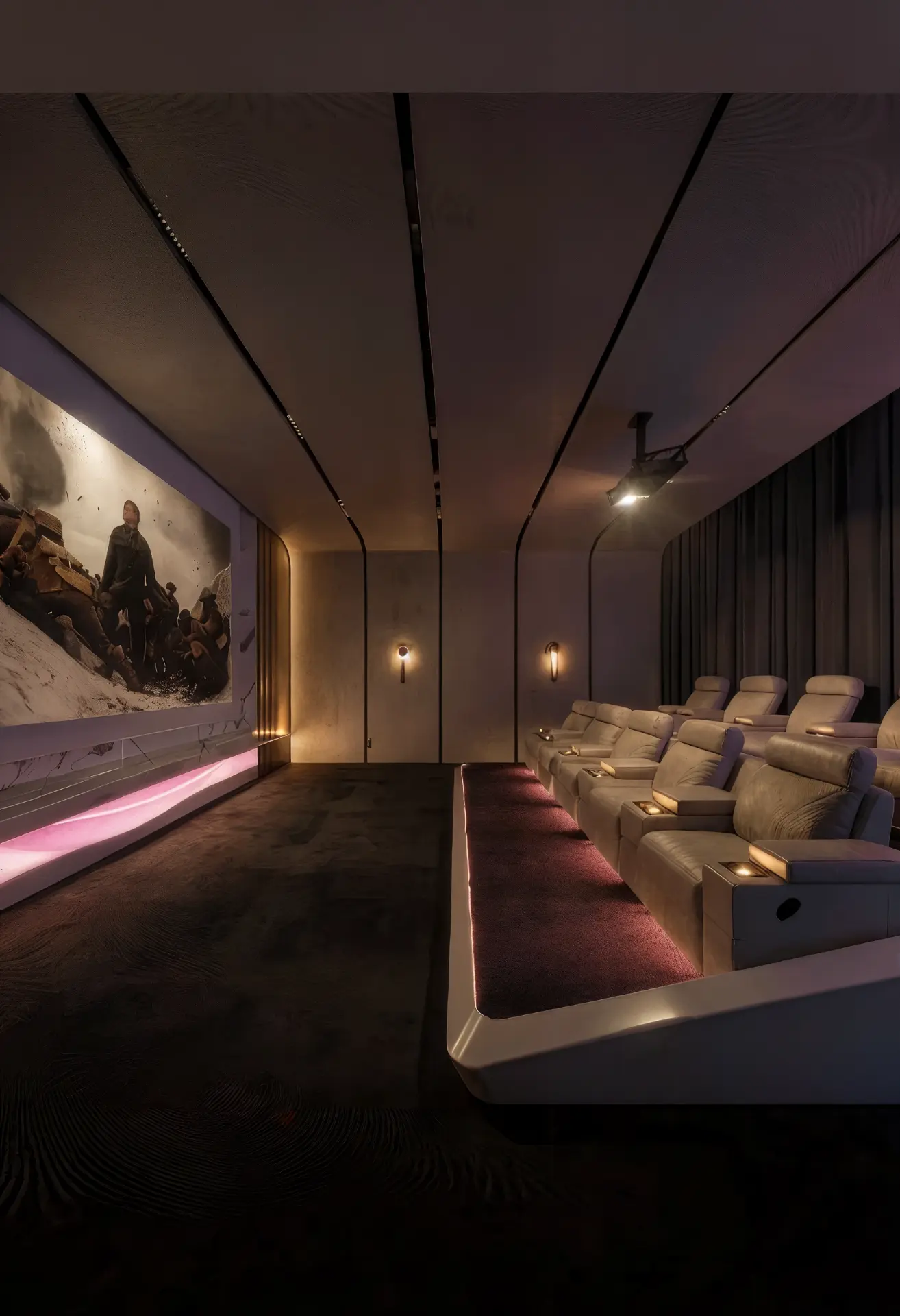 ICON VILLA private cinema with sculptural ceiling and lounge seating